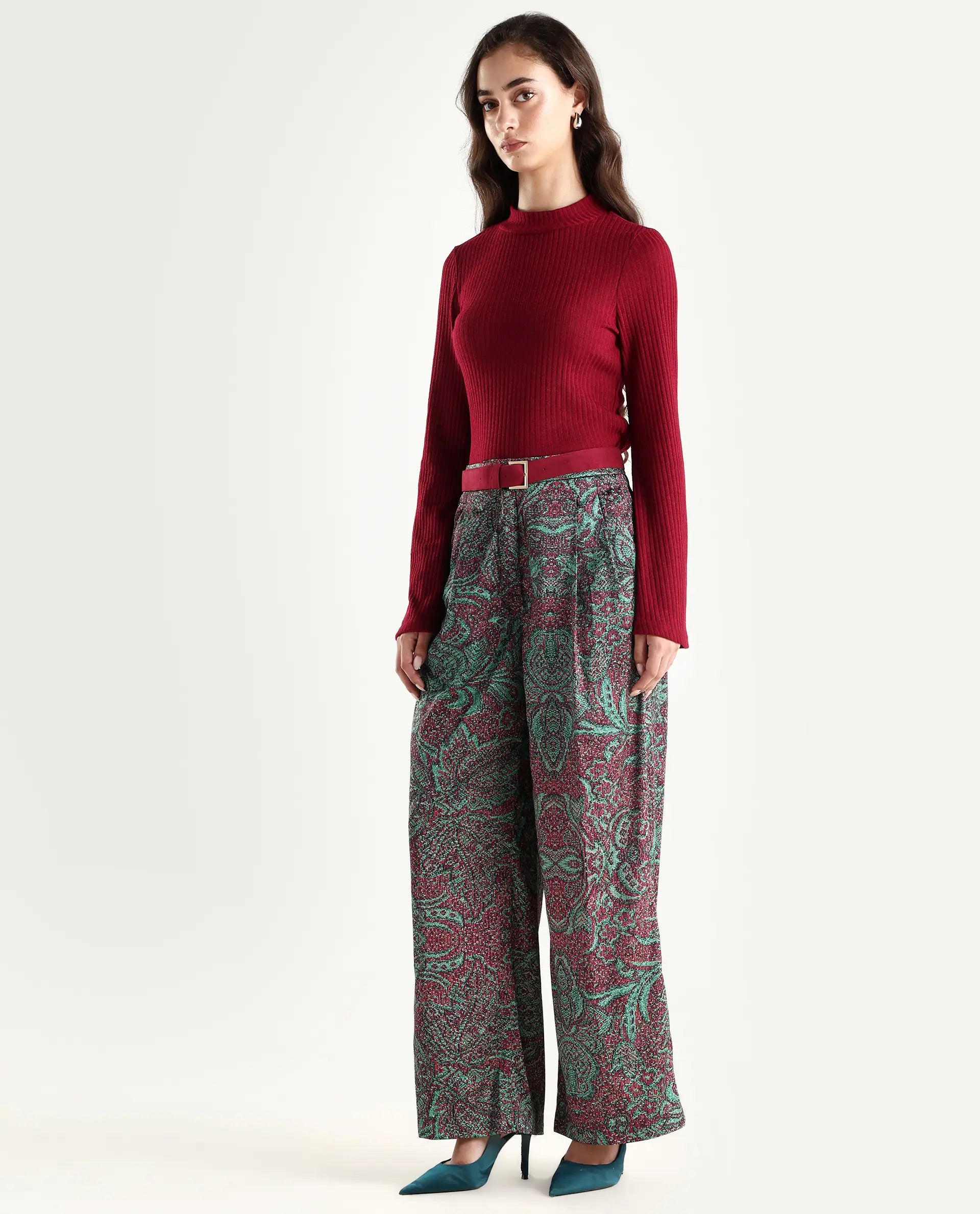 Rareism Women's Edina Multi Satin Abstract Print Ankle Length Wide Trouser