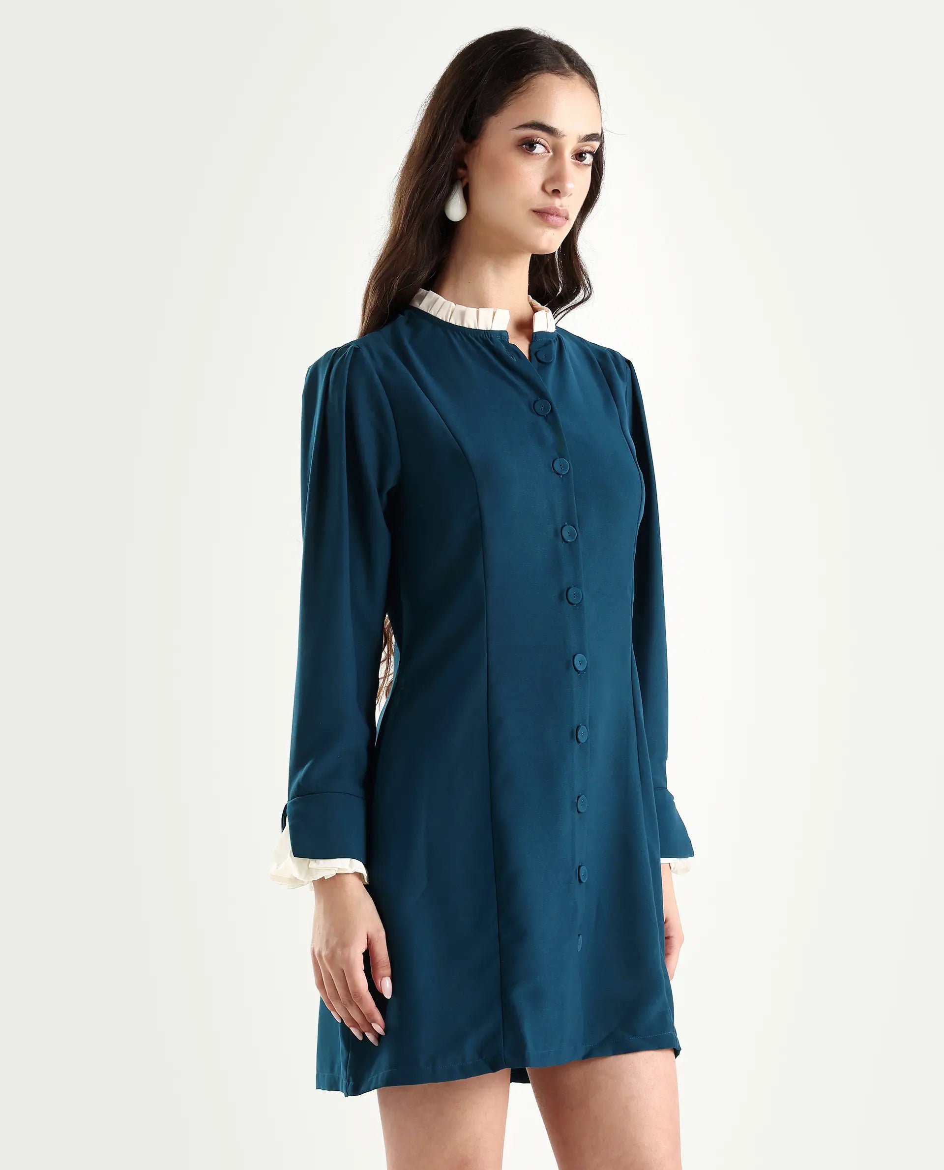 Rareism Women's Bayburt Teal Satin Sweetheart Neck Plain Knee Length Straight Fit Dress