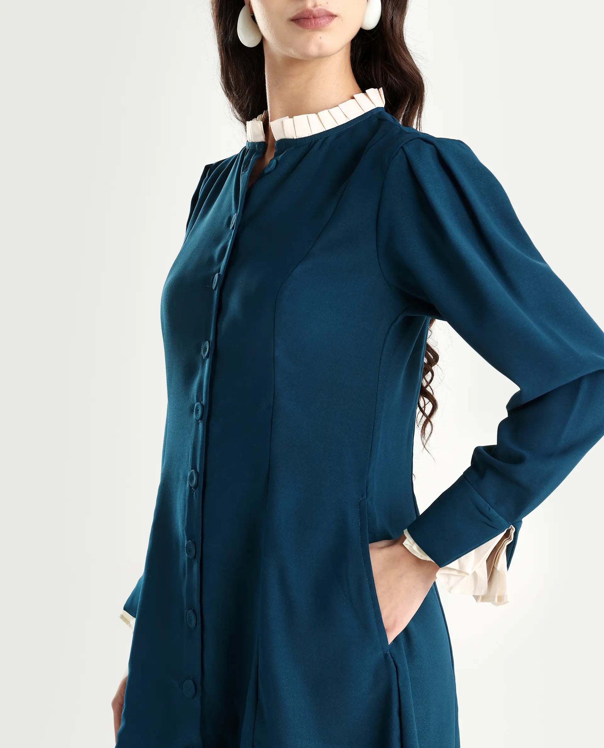 Rareism Women's Bayburt Teal Satin Sweetheart Neck Plain Knee Length Straight Fit Dress