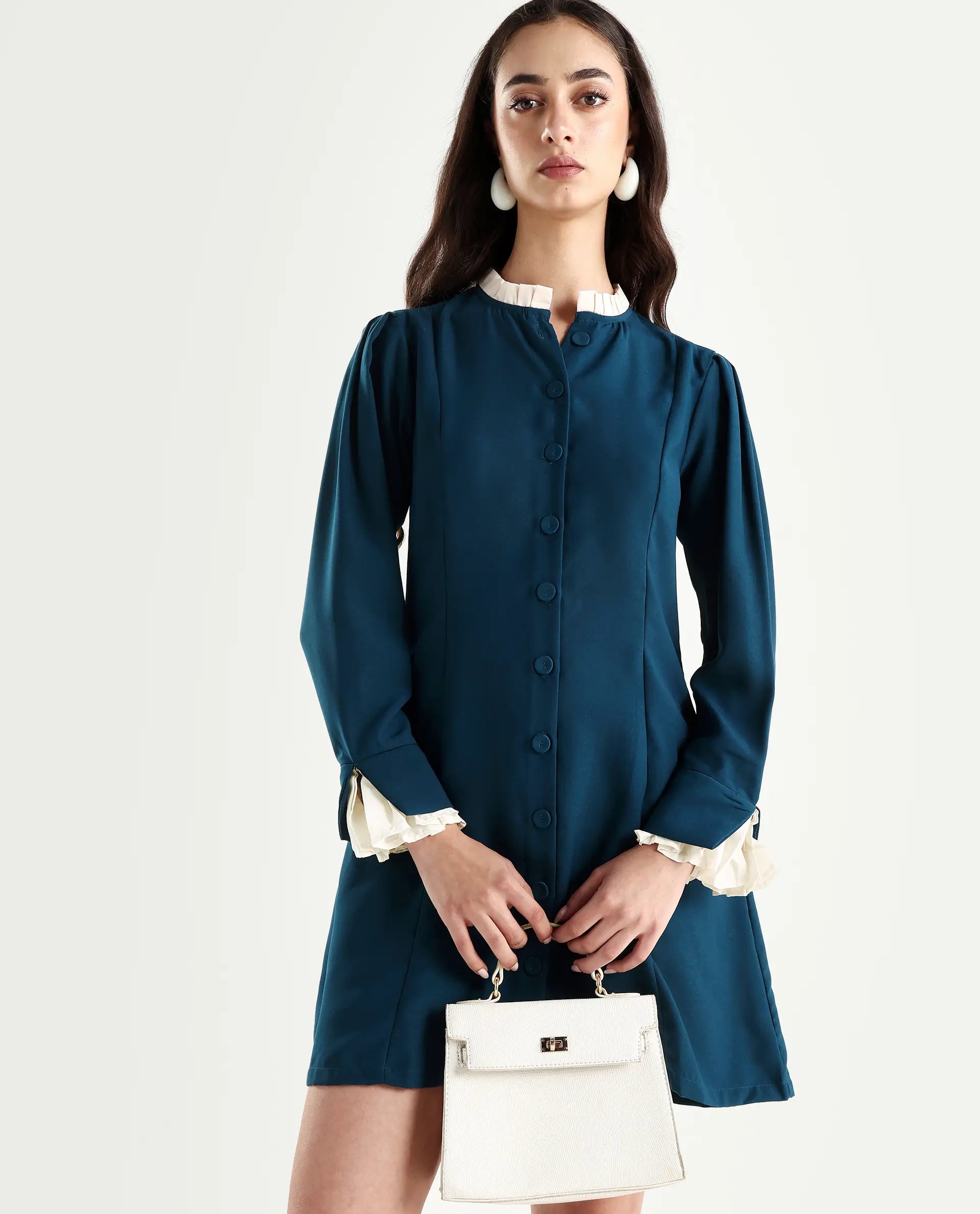 Rareism Women's Bayburt Teal Satin Sweetheart Neck Plain Knee Length Straight Fit Dress