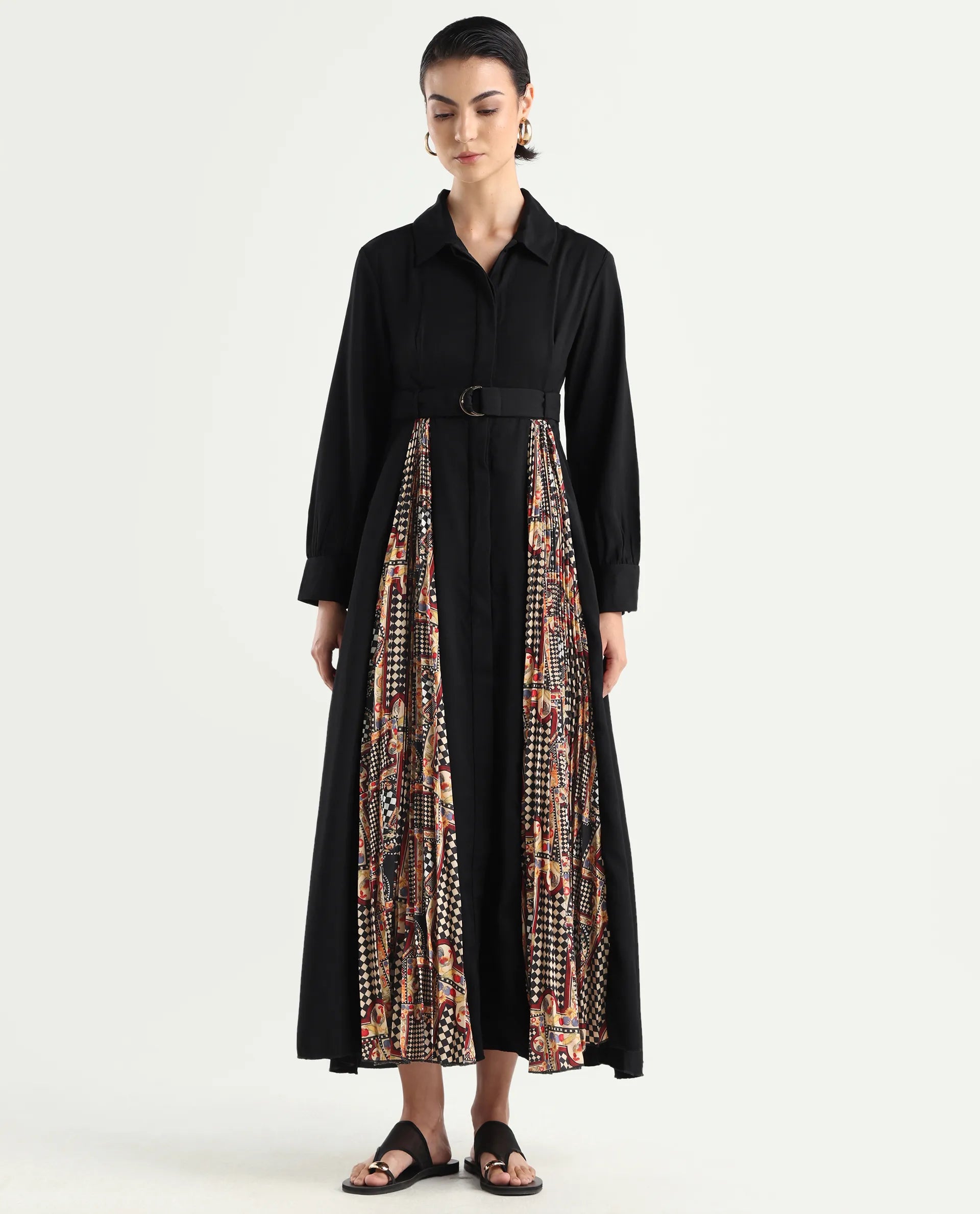 Rareism Women's Canadzor Multi Satin Drop Collar Geometric Print Bishop Sleeve Maxi Flared Dress