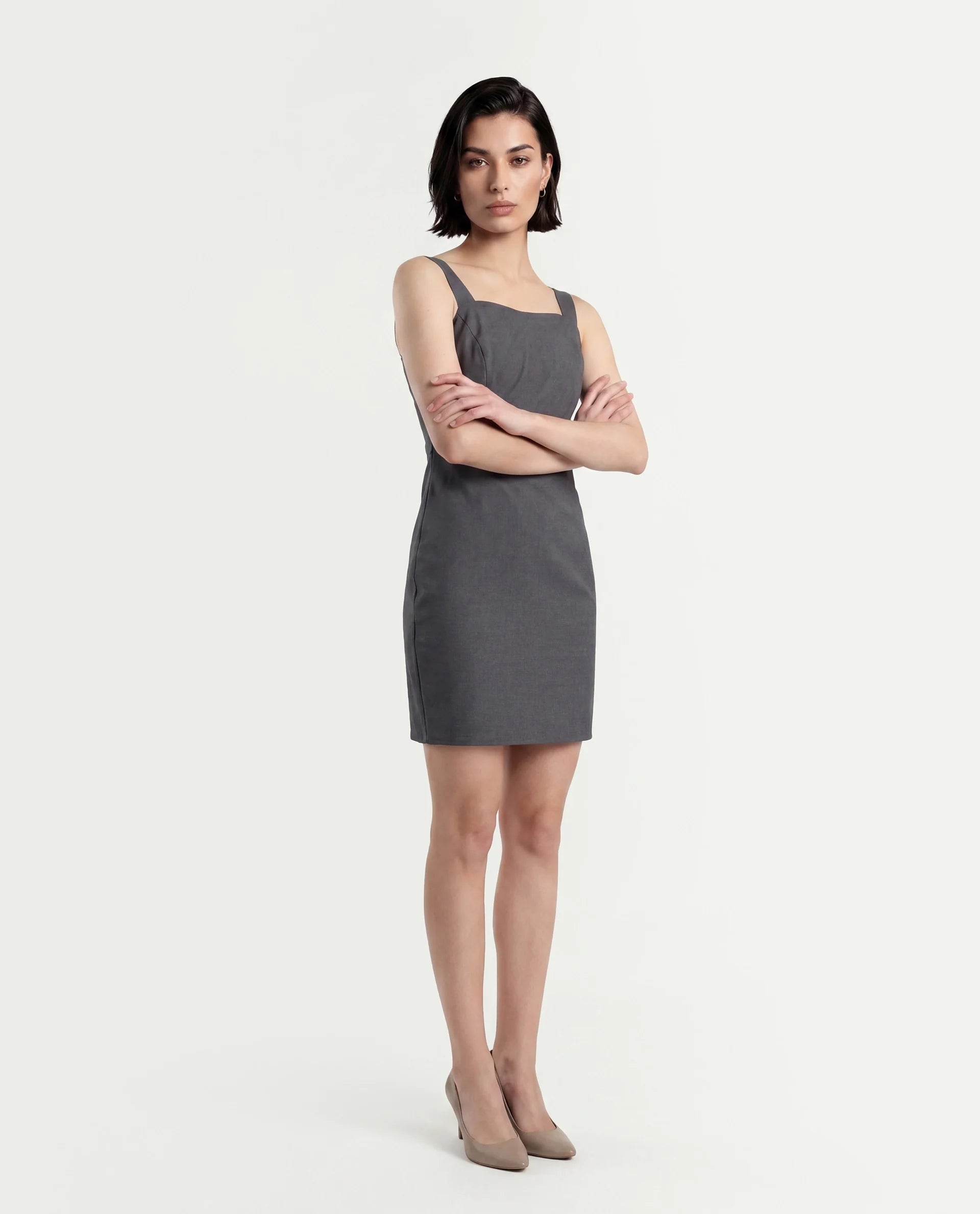 Rareism Women's Canakkale Grey Cotton Blend Sweetheart Neck Plain Sleeveless Mini Straight Fit Dress