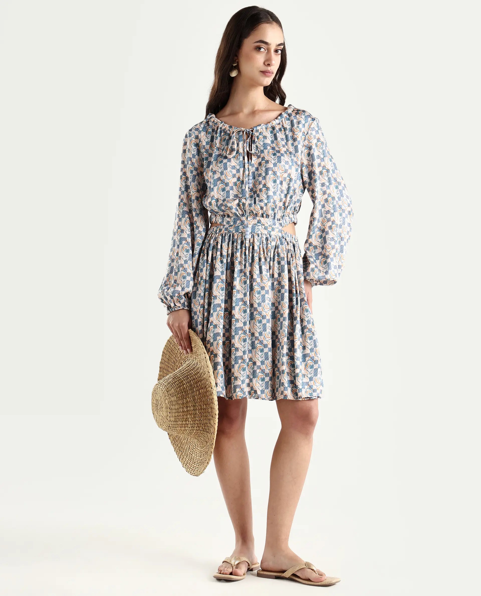 Rareism Women's Chile Light Multi Cotton Blend Crew Neck Geometric Print Puff Sleeves Knee Length A-Line Dress