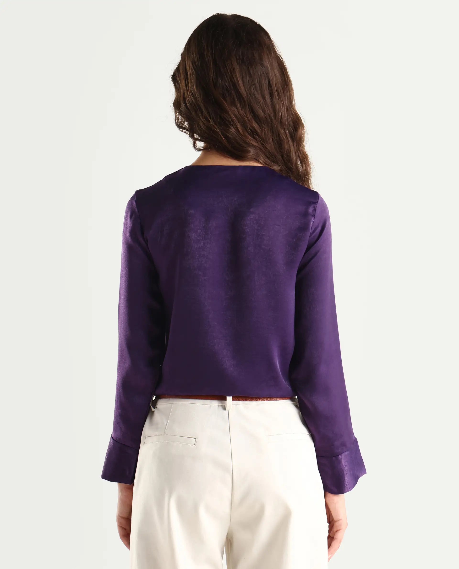 Rareism Women's Daxzo Purple Velvet Crew Neck Plain Relaxed Fit Top