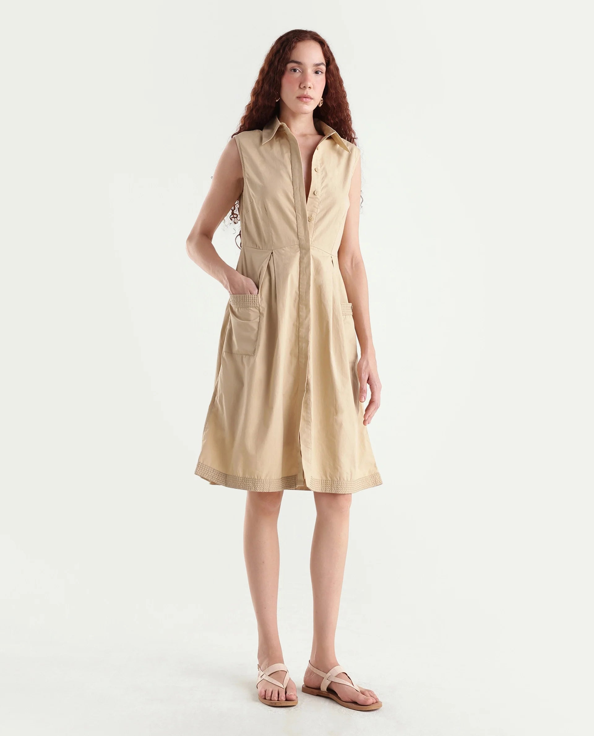 Rareism Women's Qba Light Sand Cotton Drop Collar Plain Sleeveless Midi A-Line Dress