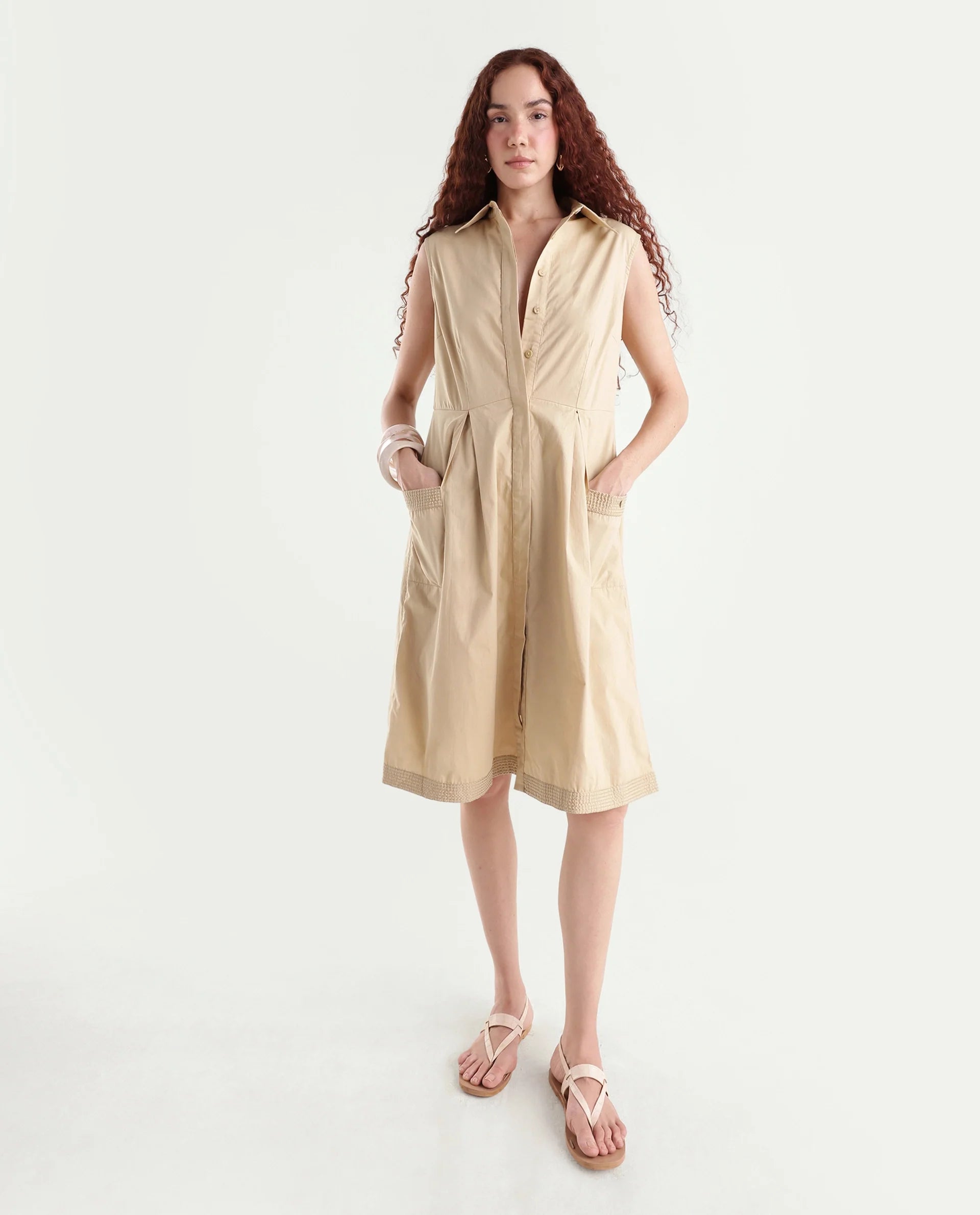 Rareism Women's Qba Light Sand Cotton Drop Collar Plain Sleeveless Midi A-Line Dress