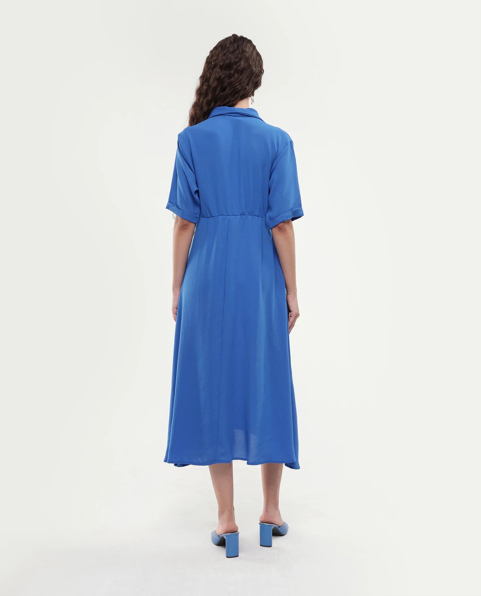 Rareism Women's Fedrez Navy Polyester Cowl Neck Plain Bell Sleeve Maxi Flared Dress