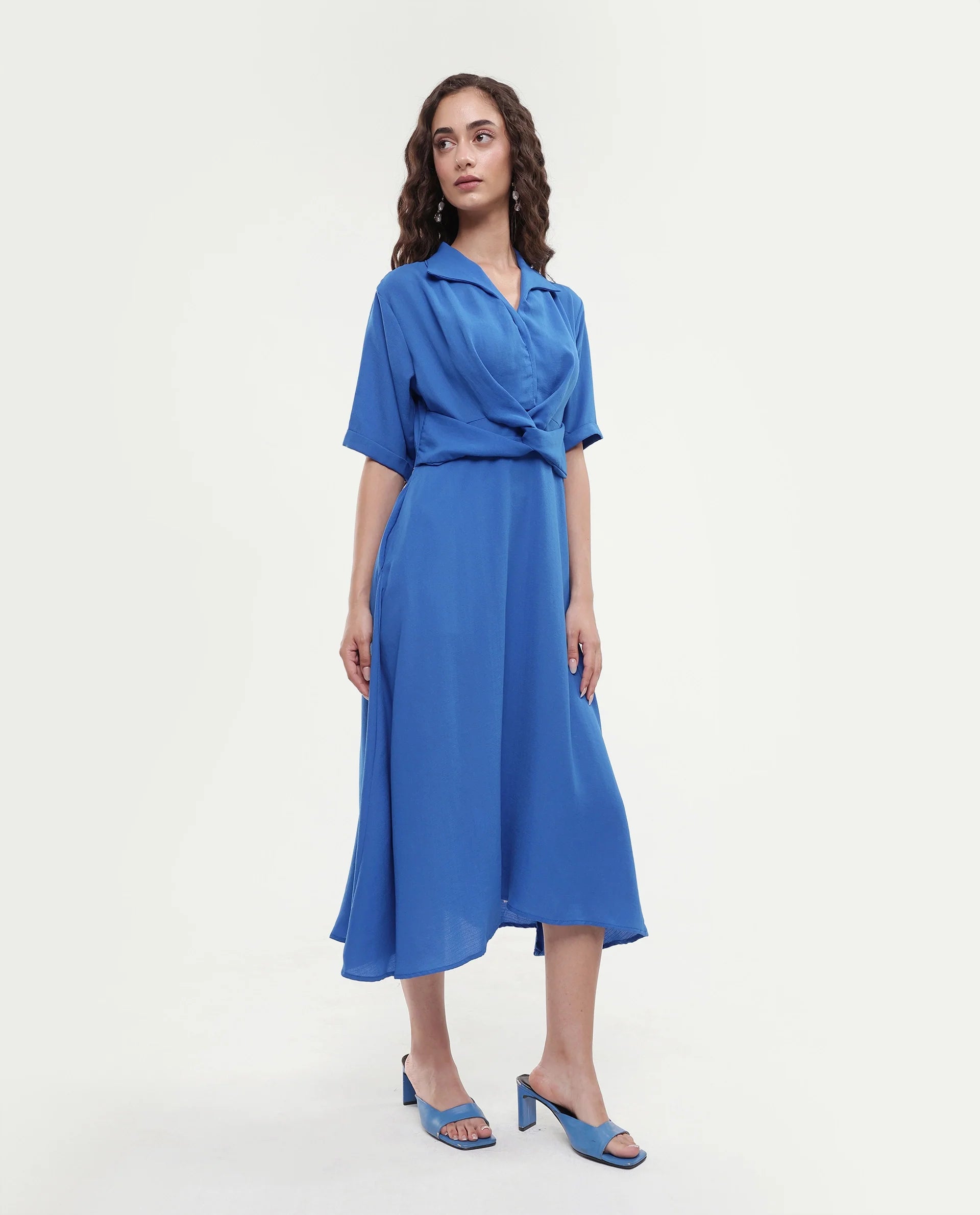 Rareism Women's Fedrez Navy Polyester Cowl Neck Plain Bell Sleeve Maxi Flared Dress