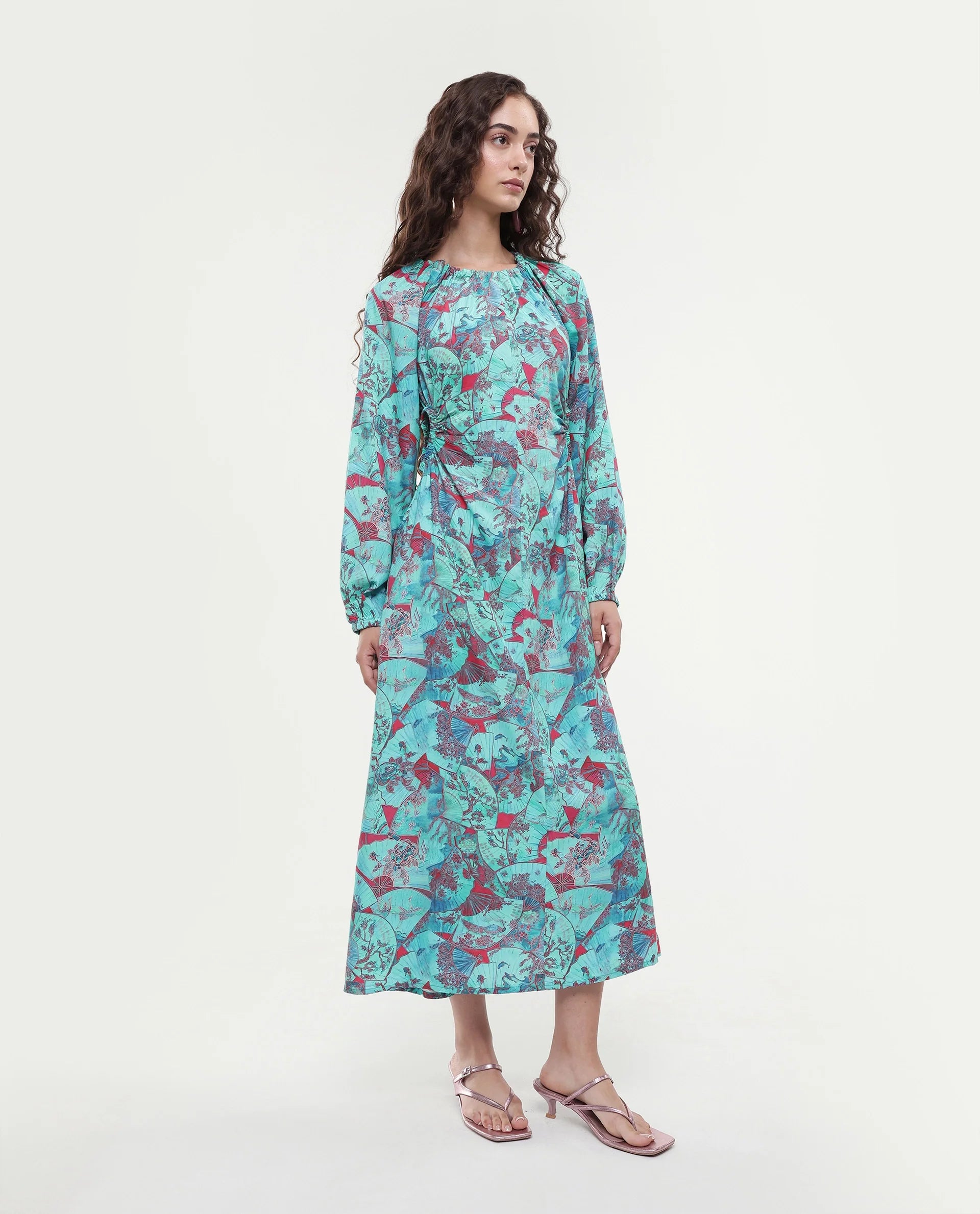 Rareism Women's Viscose Crew Neck Abstract Print Puff Sleeves Maxi A-Line Dress