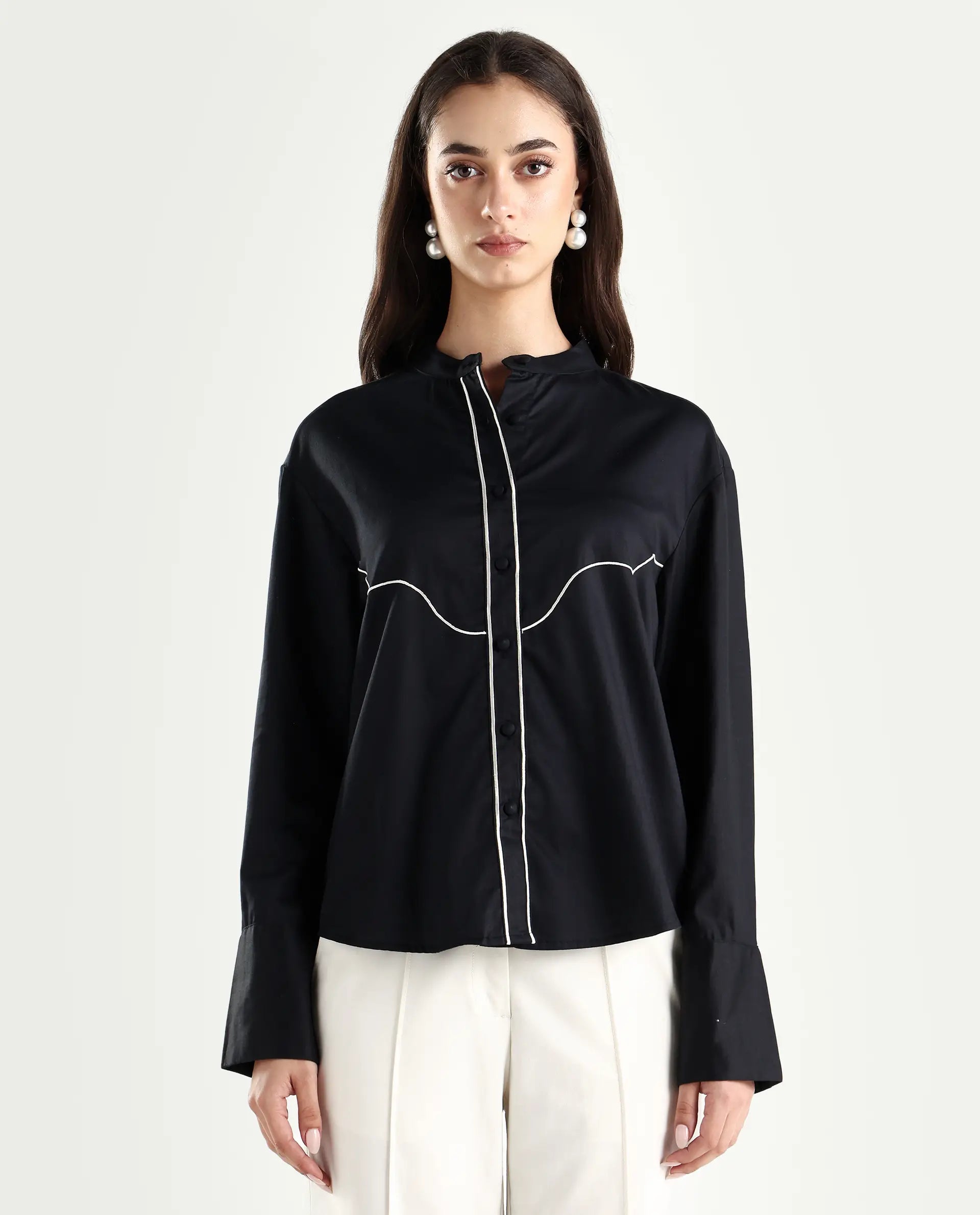 Rareism Women's Jujo Dusky Black Cotton Blend Mandarin Collar Plain Cuffed Sleeve Regular Fit Shirt