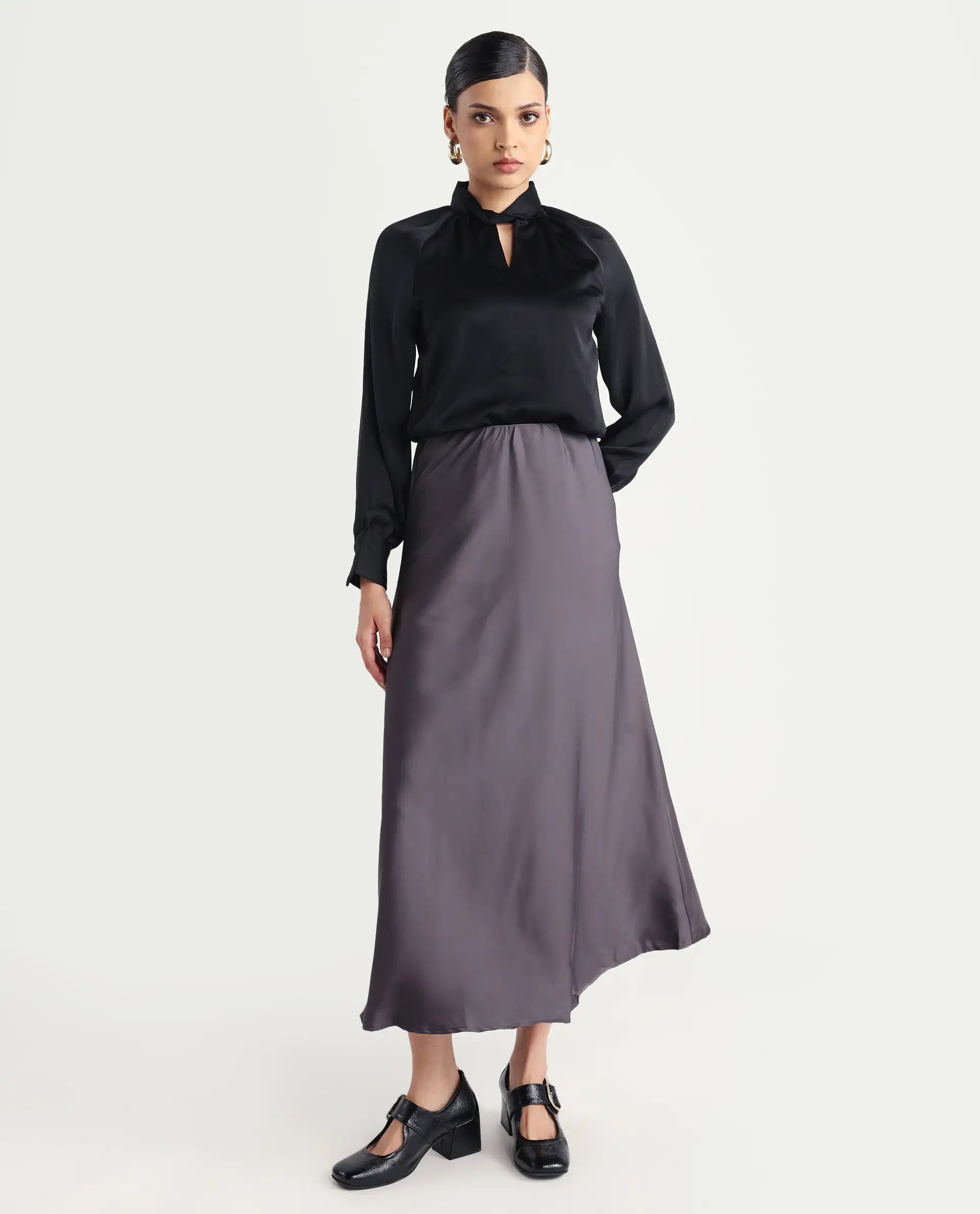 Rareism Women's Niyano Grey Satin Plain Ankle Length Regular Fit Skirt