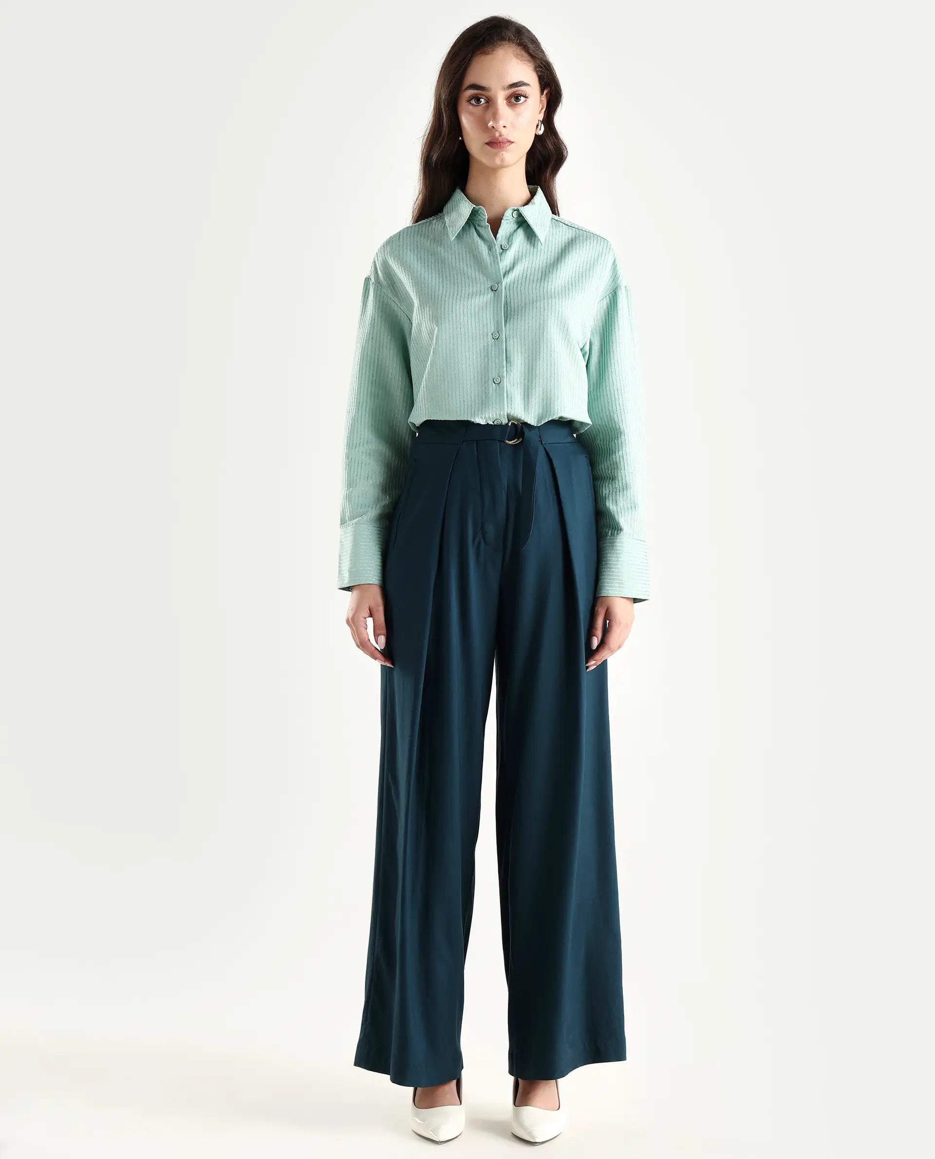 Rareism Women's Tarina Teal Viscose Blend Plain Ankle Length Wide Trouser