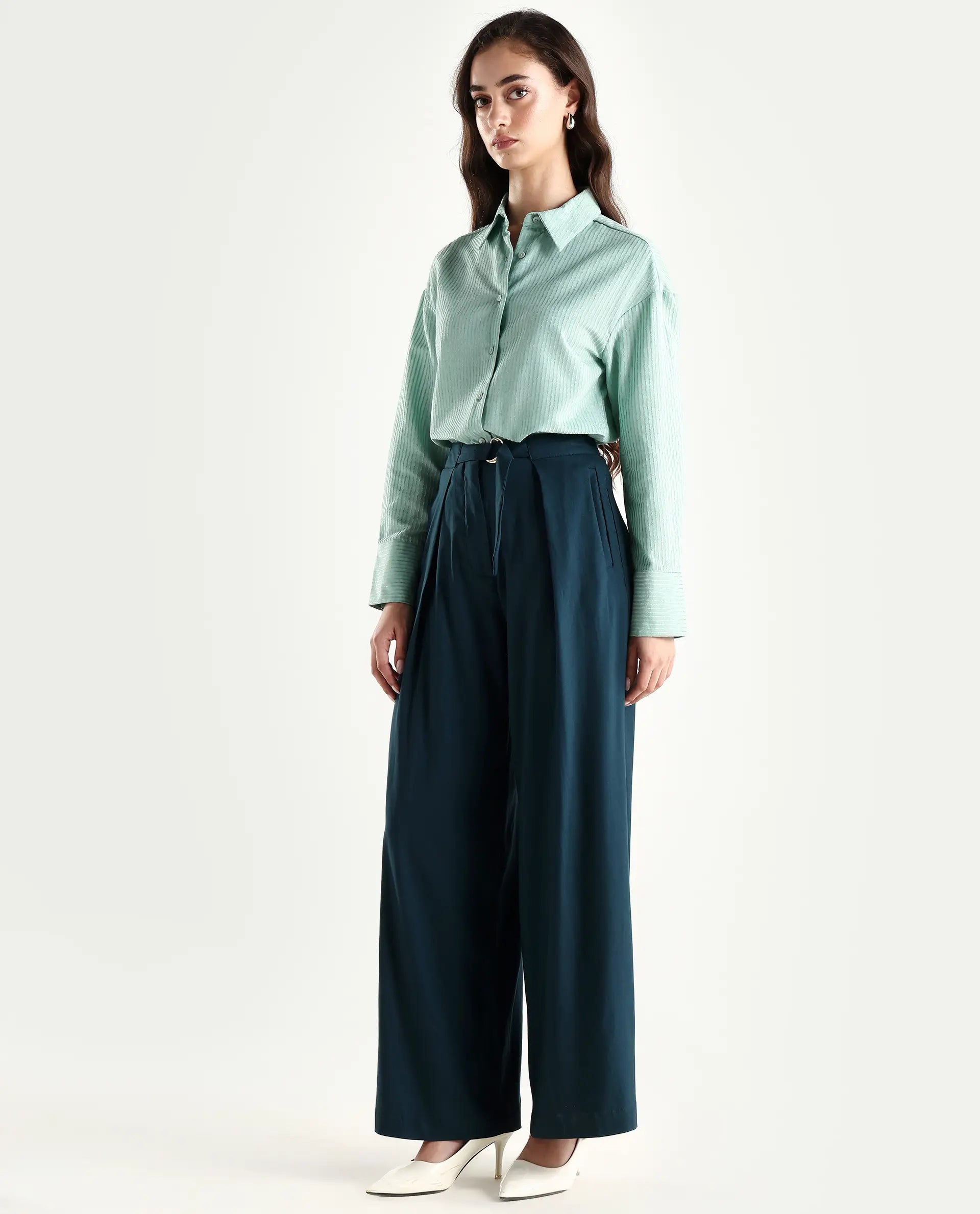 Rareism Women's Tarina Teal Viscose Blend Plain Ankle Length Wide Trouser