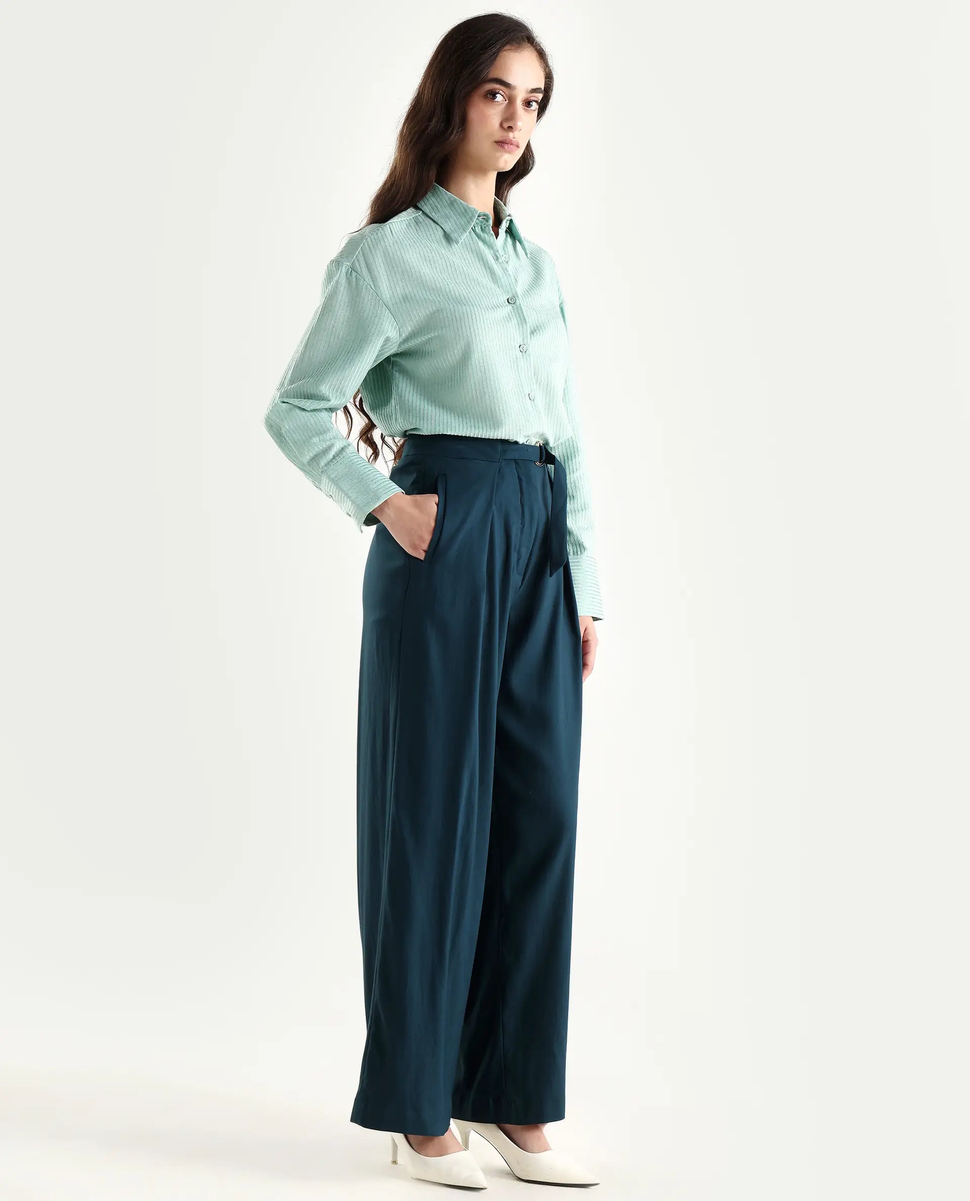 Rareism Women's Tarina Teal Viscose Blend Plain Ankle Length Wide Trouser