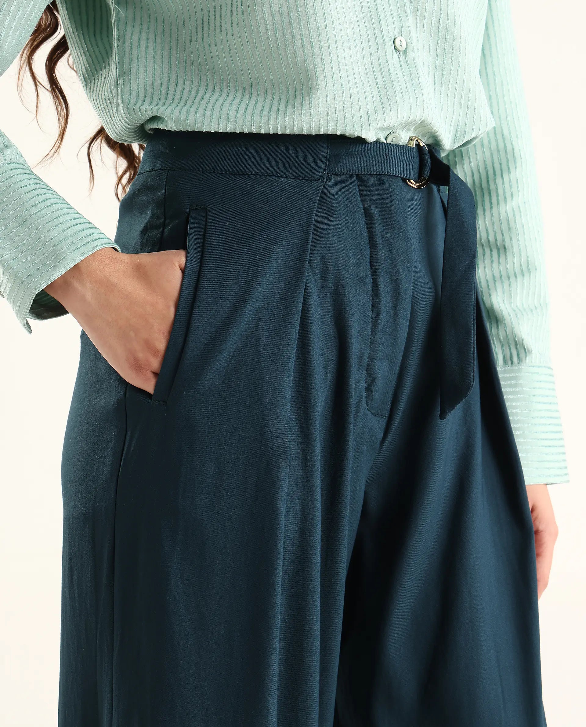 Rareism Women's Tarina Teal Viscose Blend Plain Ankle Length Wide Trouser