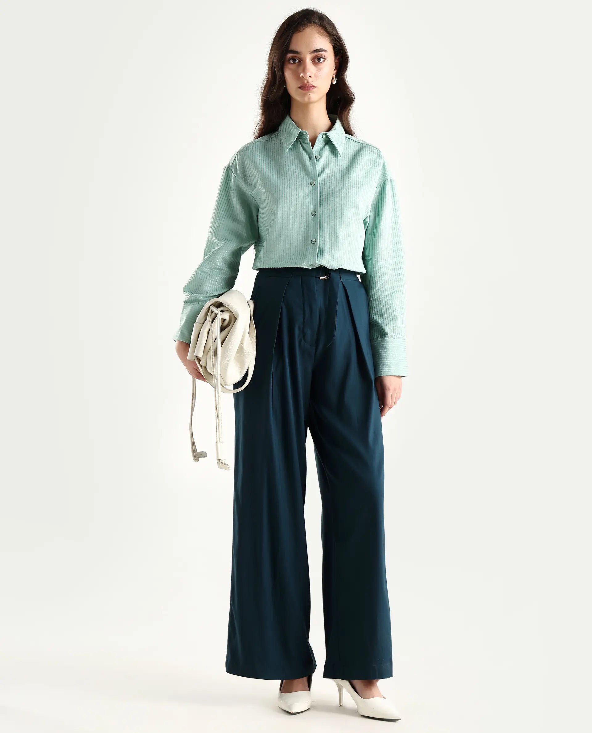Rareism Women's Tarina Teal Viscose Blend Plain Ankle Length Wide Trouser