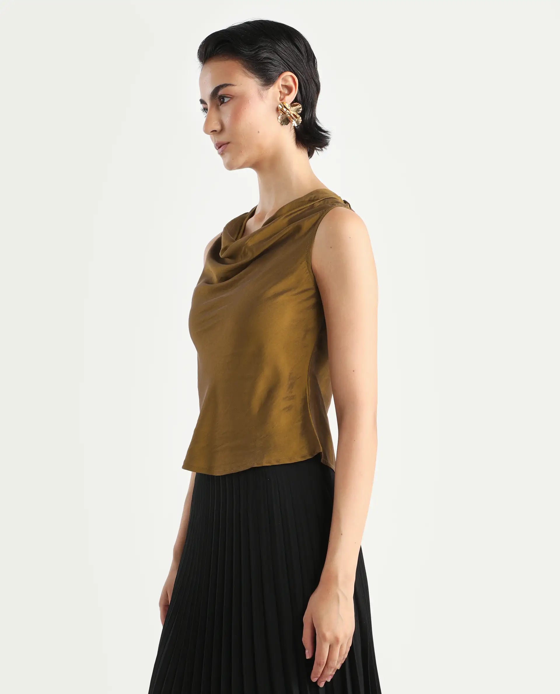 Rareism Women's Foose Metallic Gold Polyester Cowl Neck Plain Sleeveless Regular Fit Top