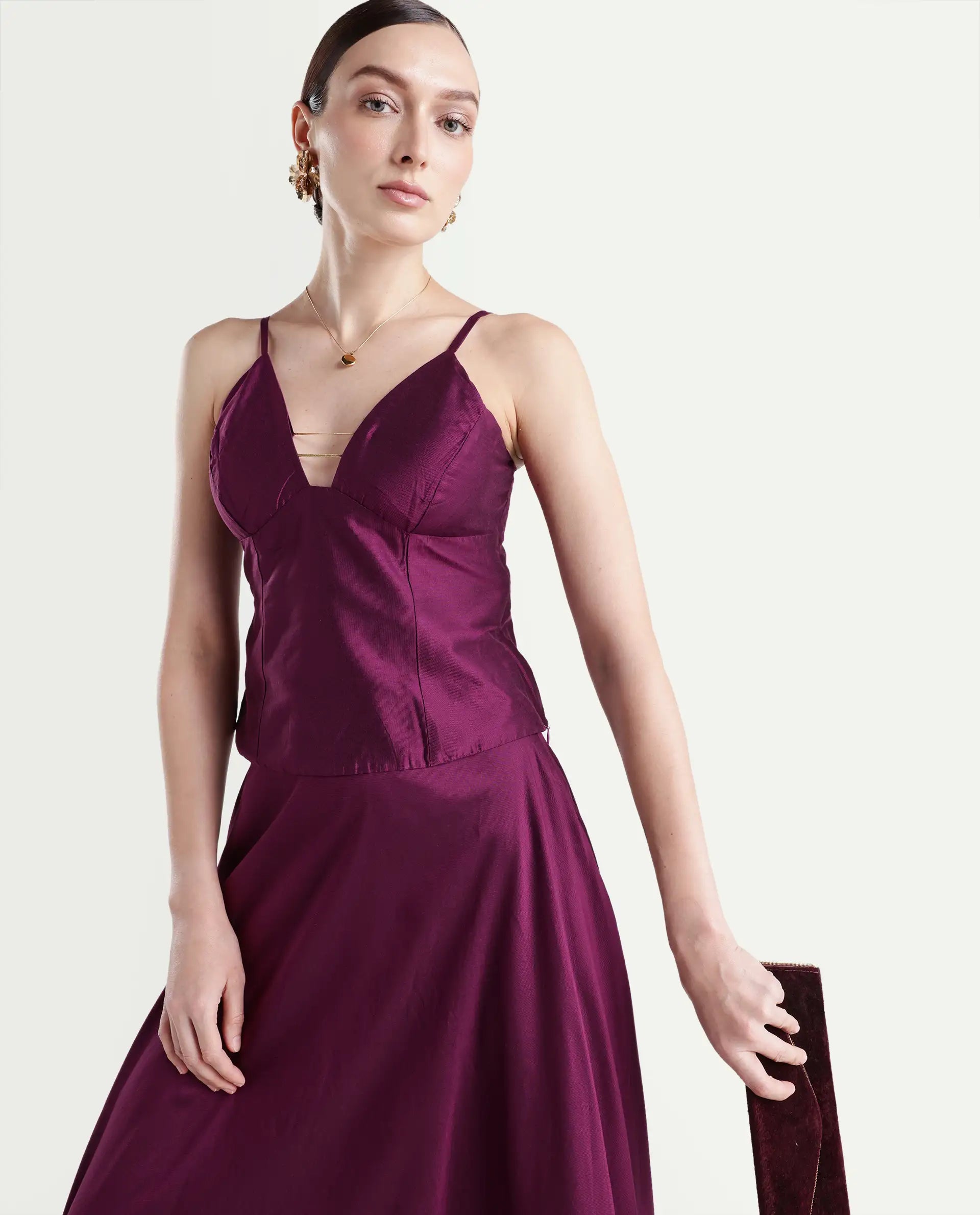 Rareism Women's Carfa Purple Silk Shoulder Strap Plain Sleeveless Crop Fitted Top