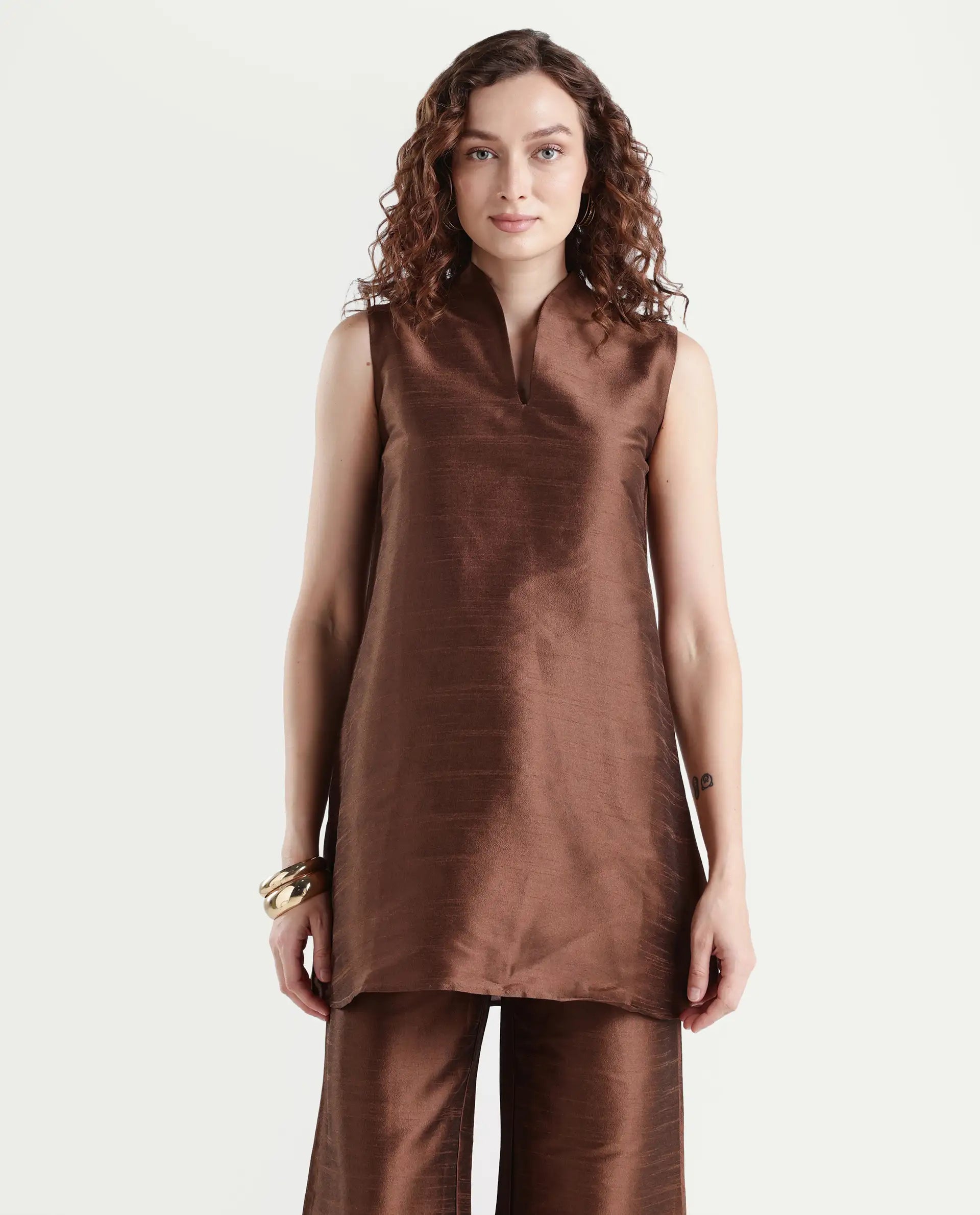 Rareism Women's Kamla Dark Brown Silk V-Neck Plain Sleeveless Knee Length Regular Fit Top