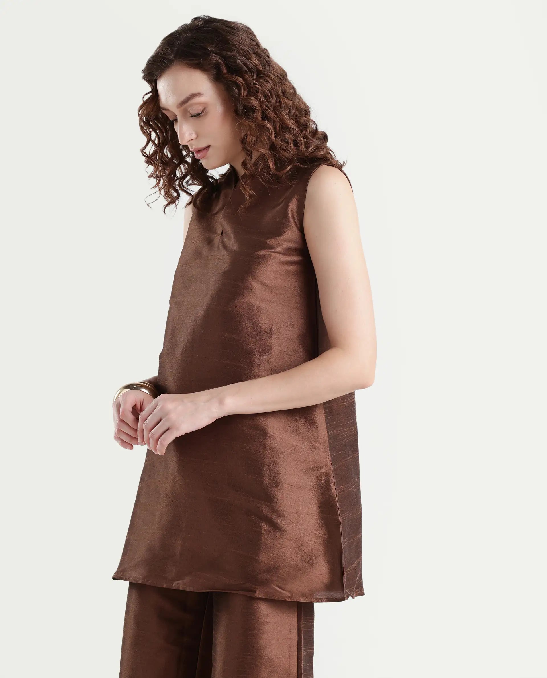 Rareism Women's Kamla Dark Brown Silk V-Neck Plain Sleeveless Knee Length Regular Fit Top