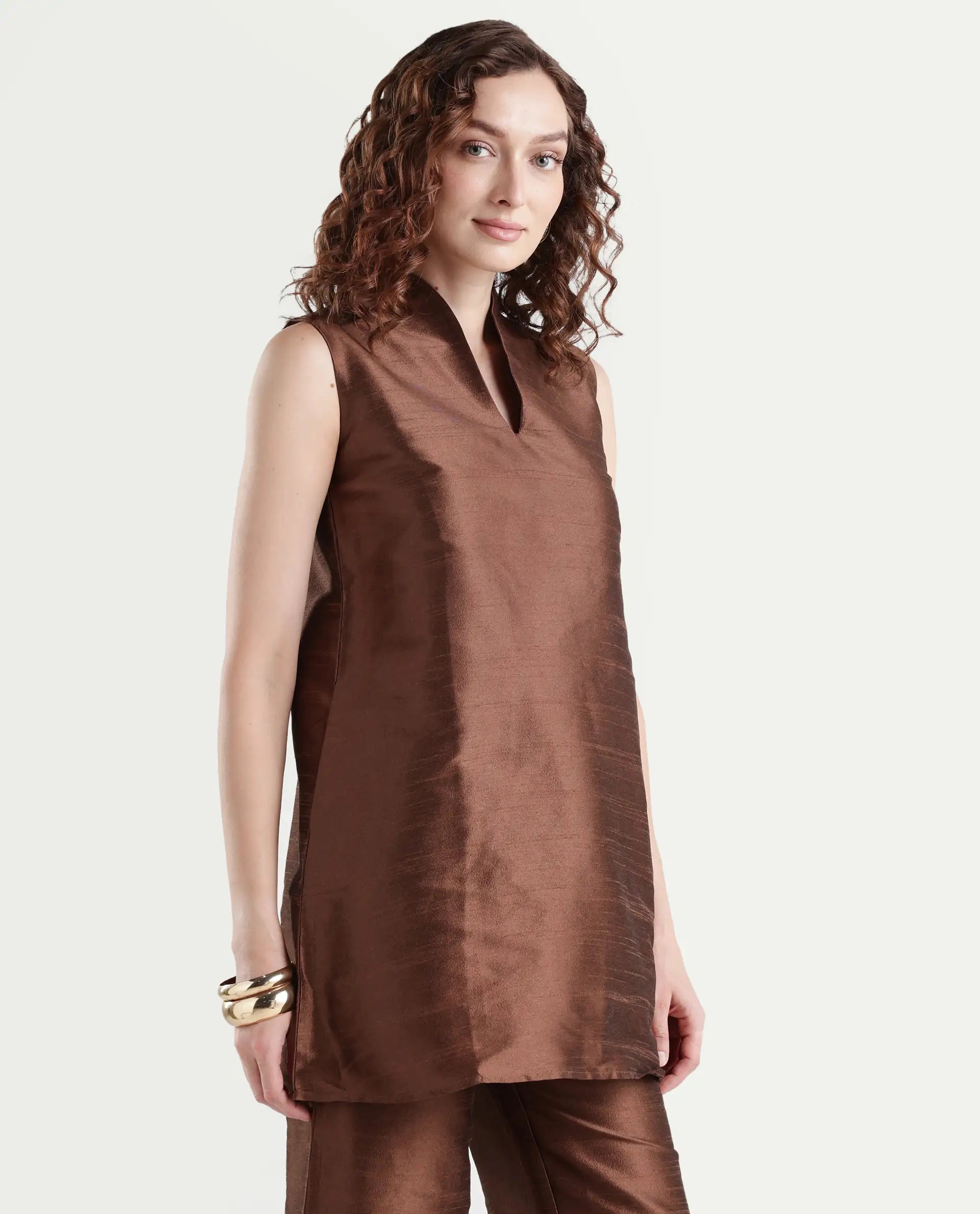 Rareism Women's Kamla Dark Brown Silk V-Neck Plain Sleeveless Knee Length Regular Fit Top