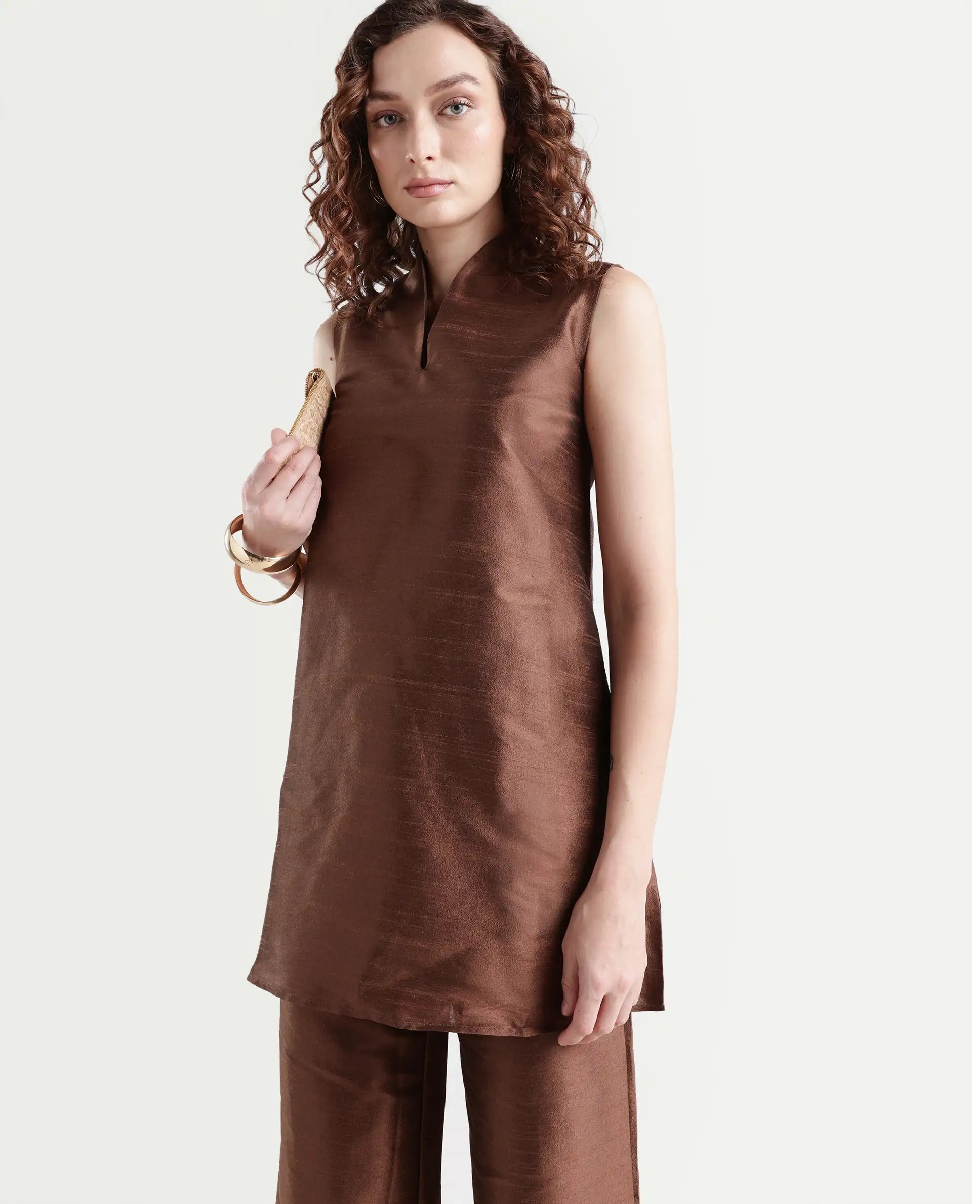 Rareism Women's Kamla Dark Brown Silk V-Neck Plain Sleeveless Knee Length Regular Fit Top