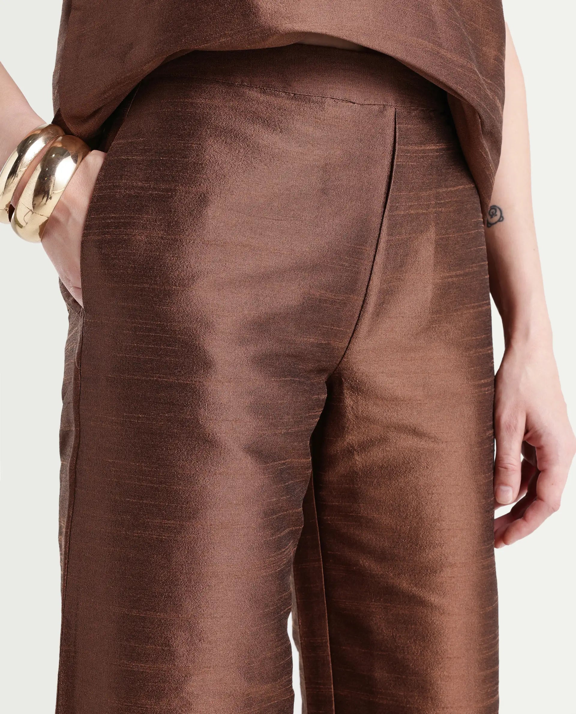 Rareism Women's Kamla B Dark Brown Silk Plain Ankle Length Straight Fit Trouser