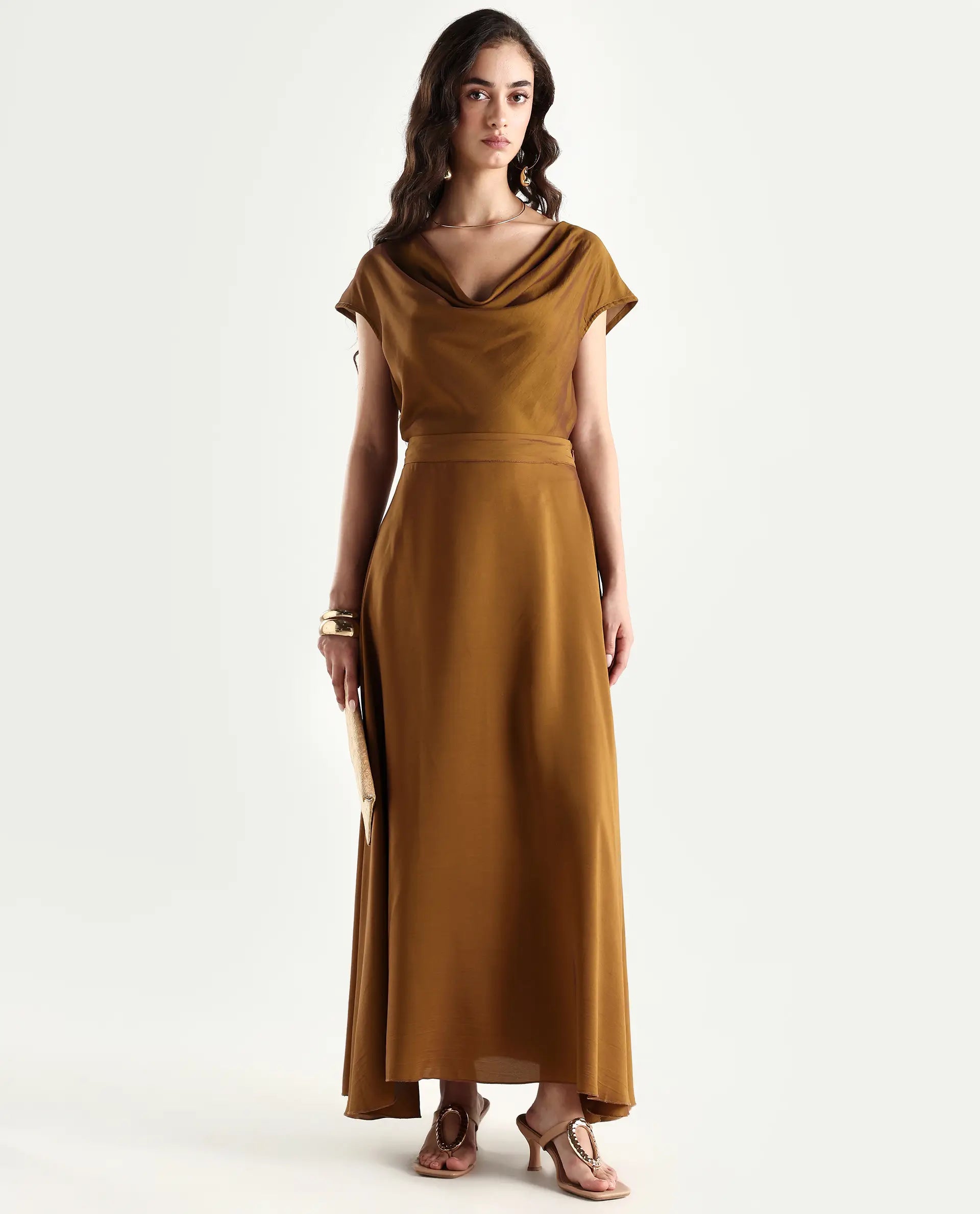 Rareism Women's Yesmar Metallic Gold Polyester Plain Maxi Flared Skirt