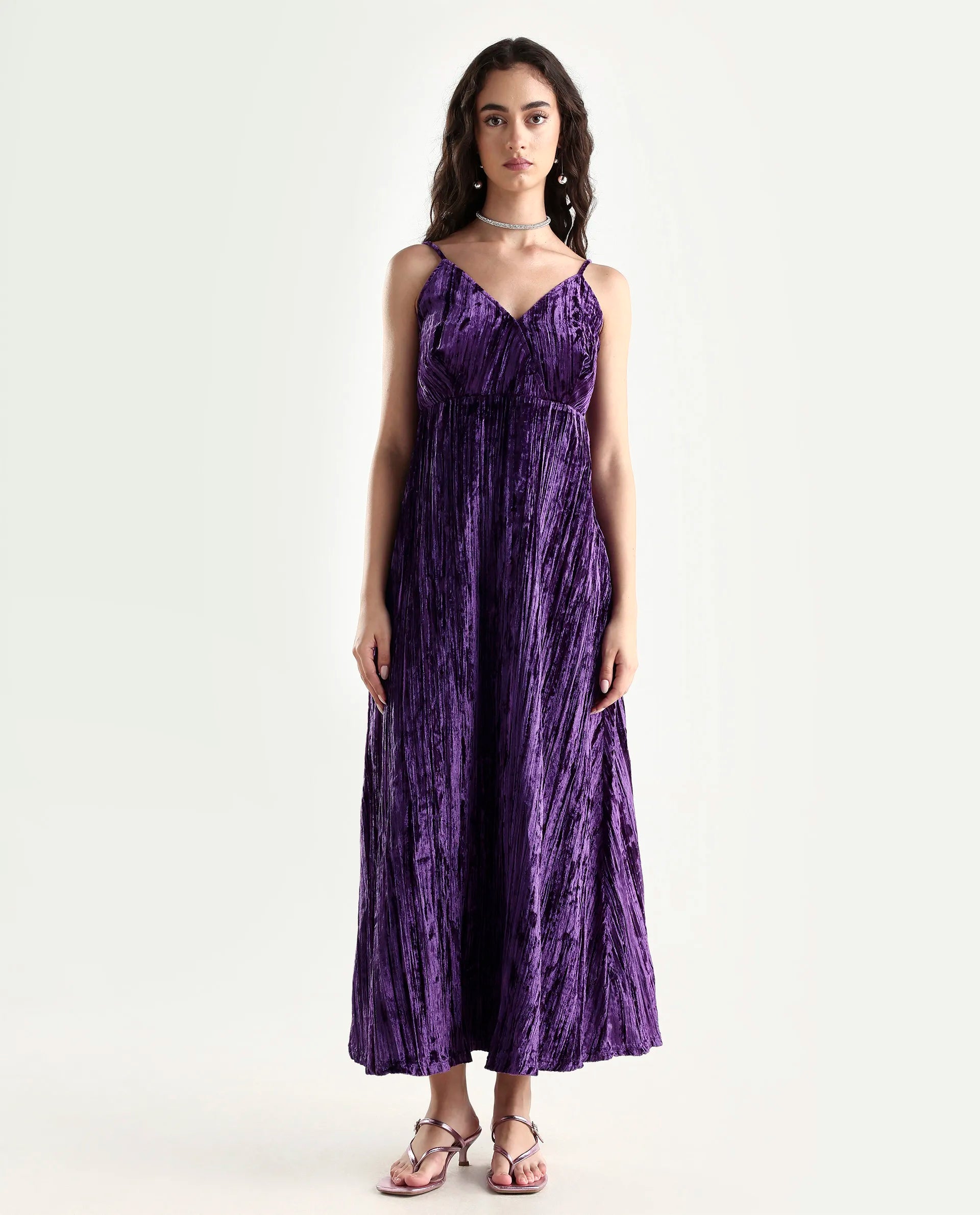 Rareism Women's Harbo Purple Velvet Shoulder Strap Plain Sleeveless Maxi Fit And Flare Dress