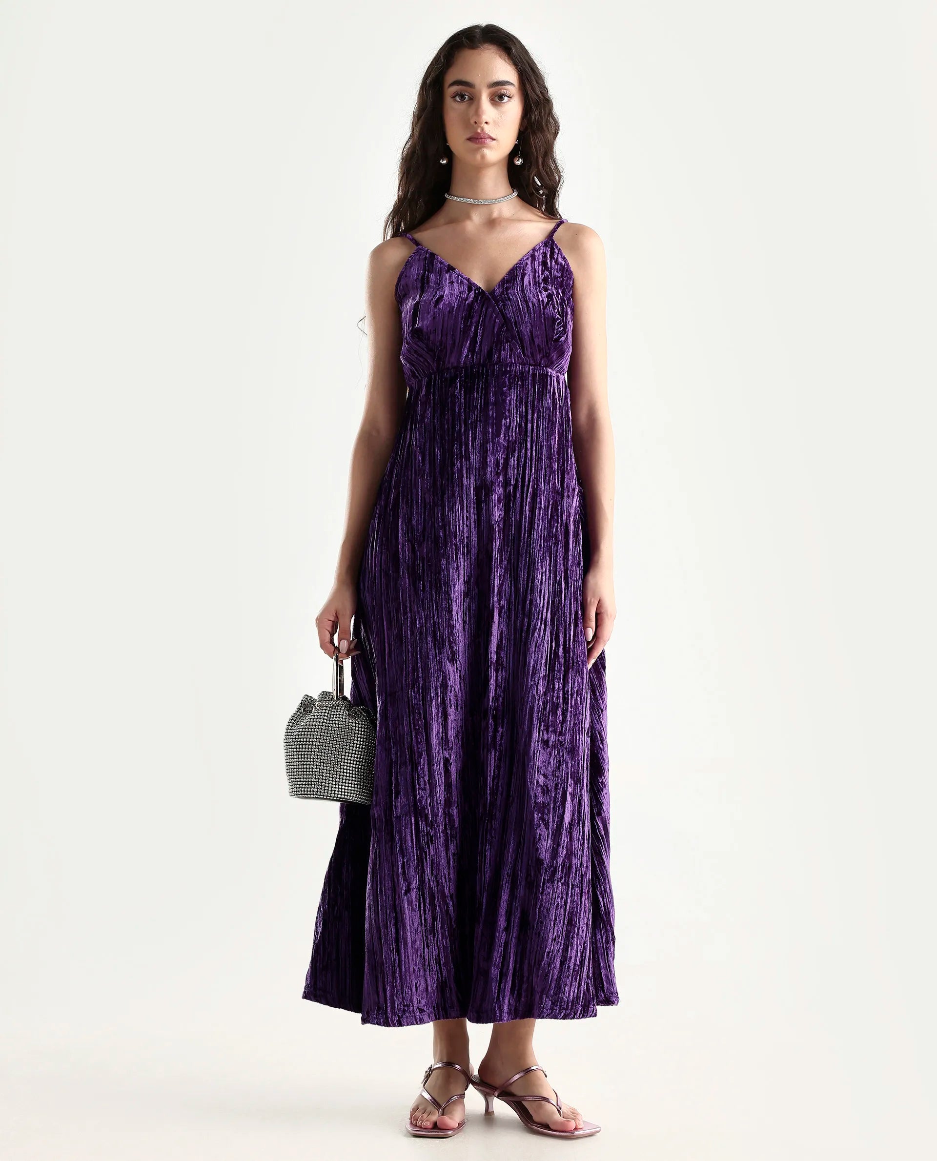 Rareism Women's Harbo Purple Velvet Shoulder Strap Plain Sleeveless Maxi Fit And Flare Dress