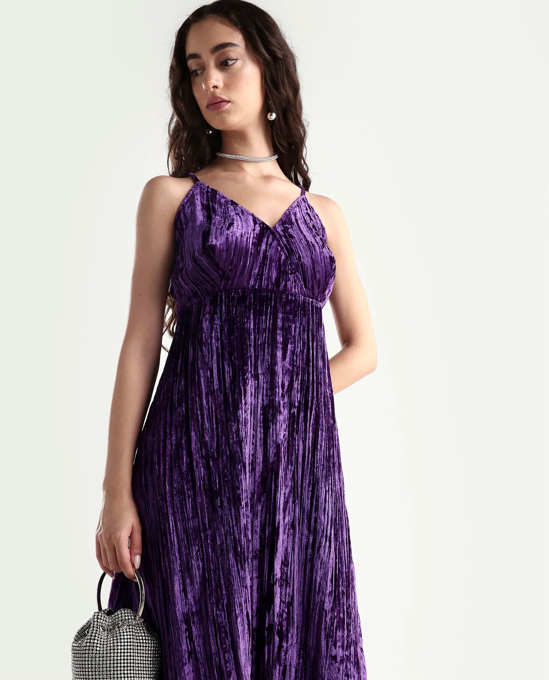Rareism Women's Harbo Purple Velvet Shoulder Strap Plain Sleeveless Maxi Fit And Flare Dress