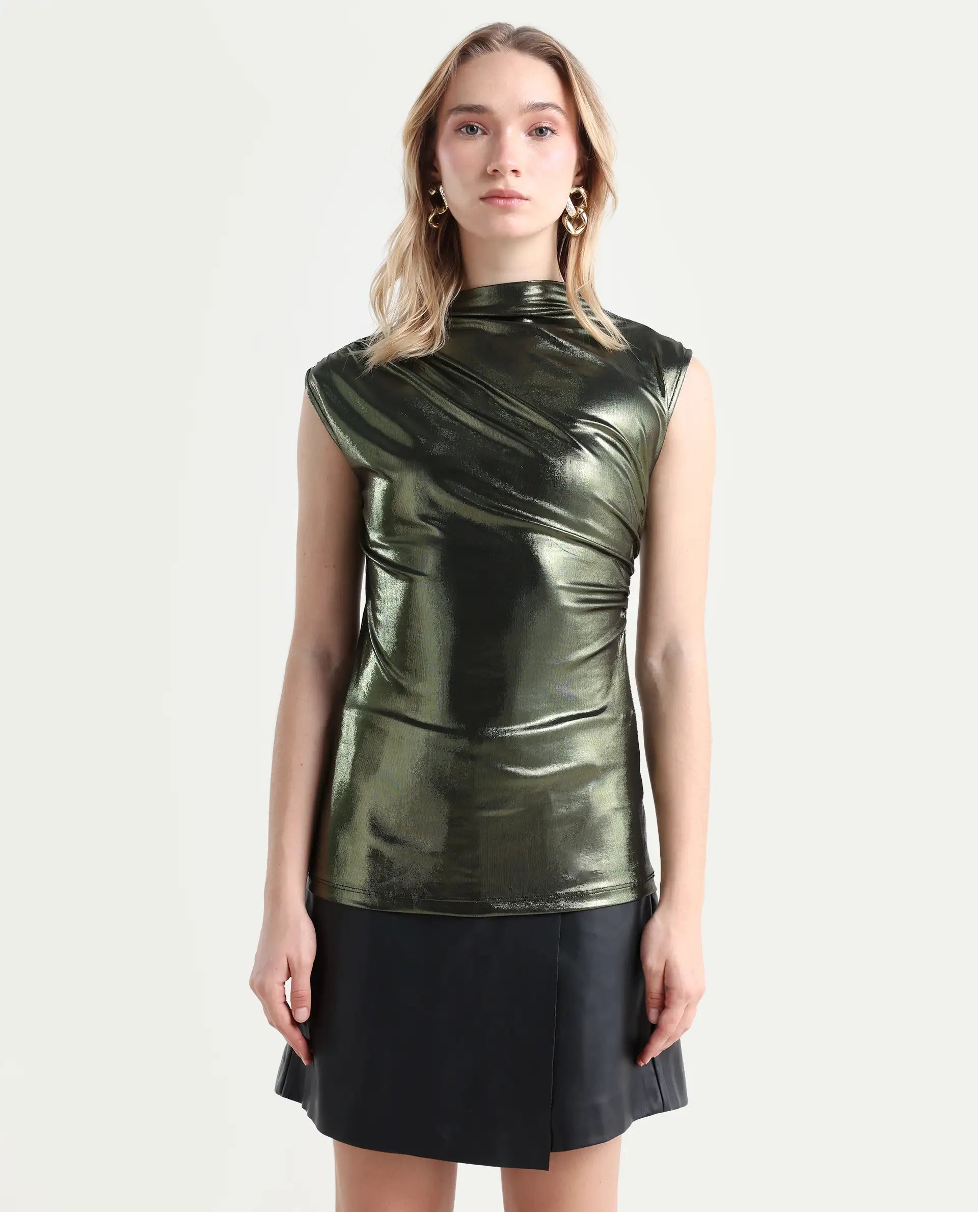 Rareism Women's Tangui Metallic Green Polyester High Neck Plain Sleeveless Regular Fitted Top