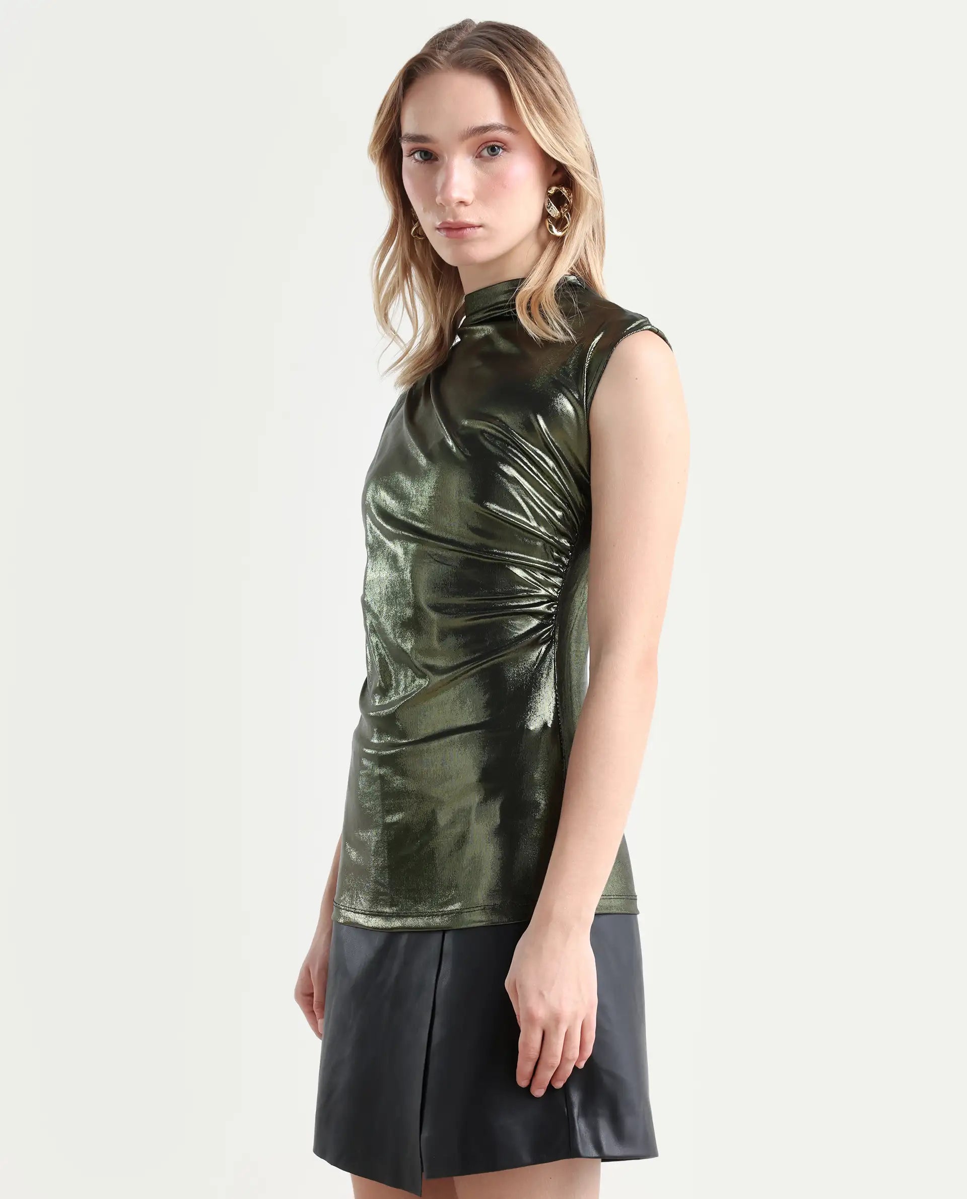 Rareism Women's Tangui Metallic Green Polyester High Neck Plain Sleeveless Regular Fitted Top