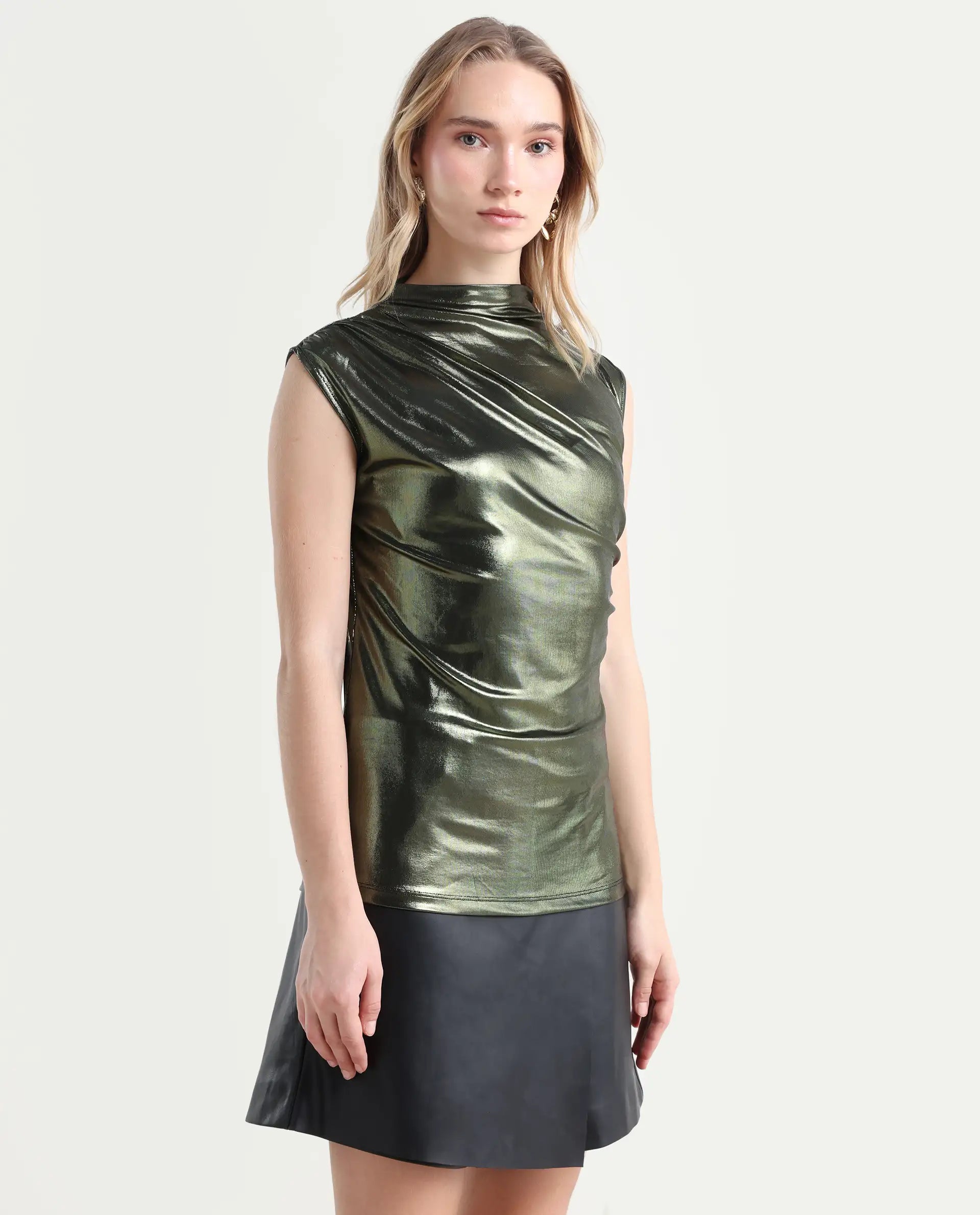 Rareism Women's Tangui Metallic Green Polyester High Neck Plain Sleeveless Regular Fitted Top