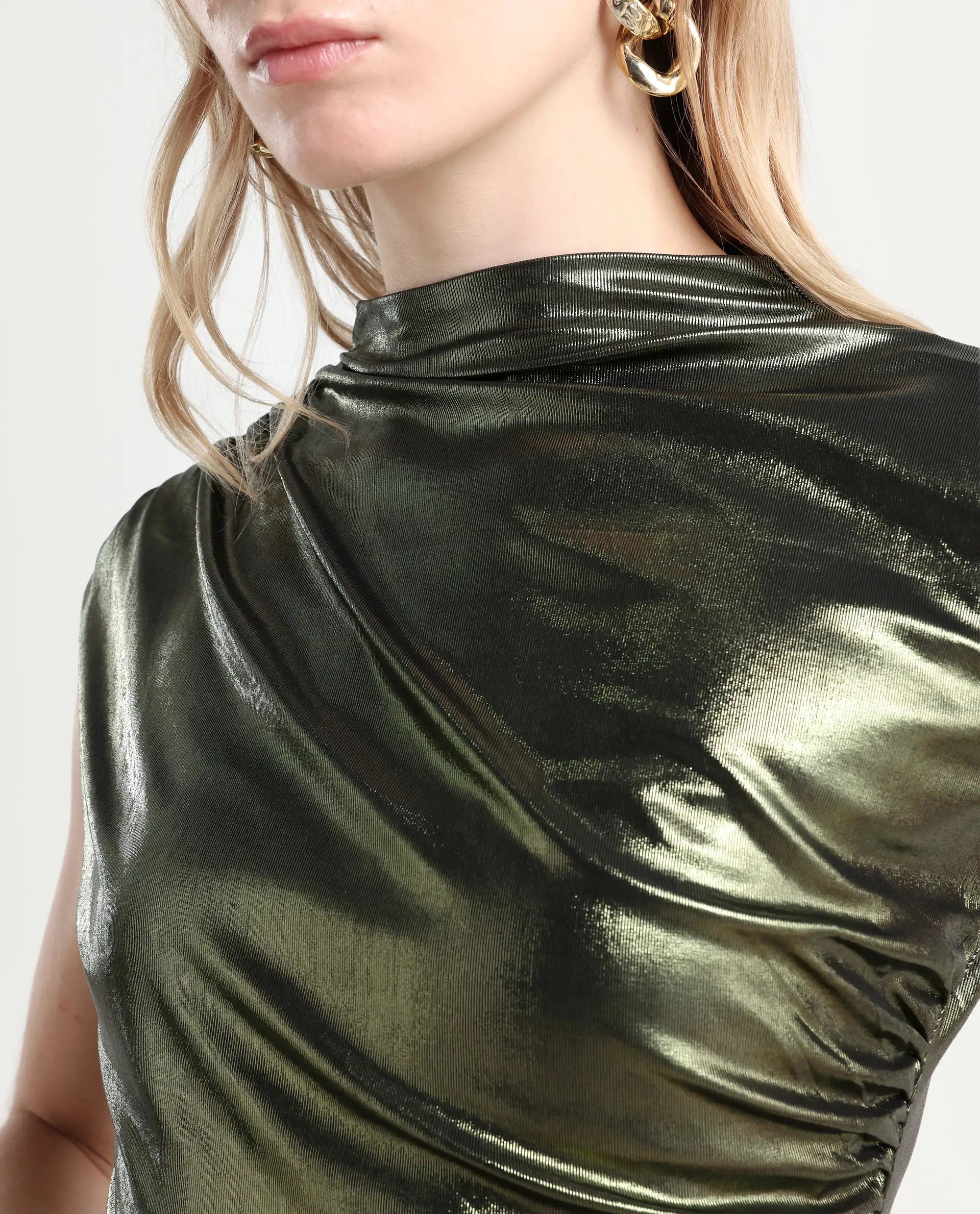 Rareism Women's Tangui Metallic Green Polyester High Neck Plain Sleeveless Regular Fitted Top