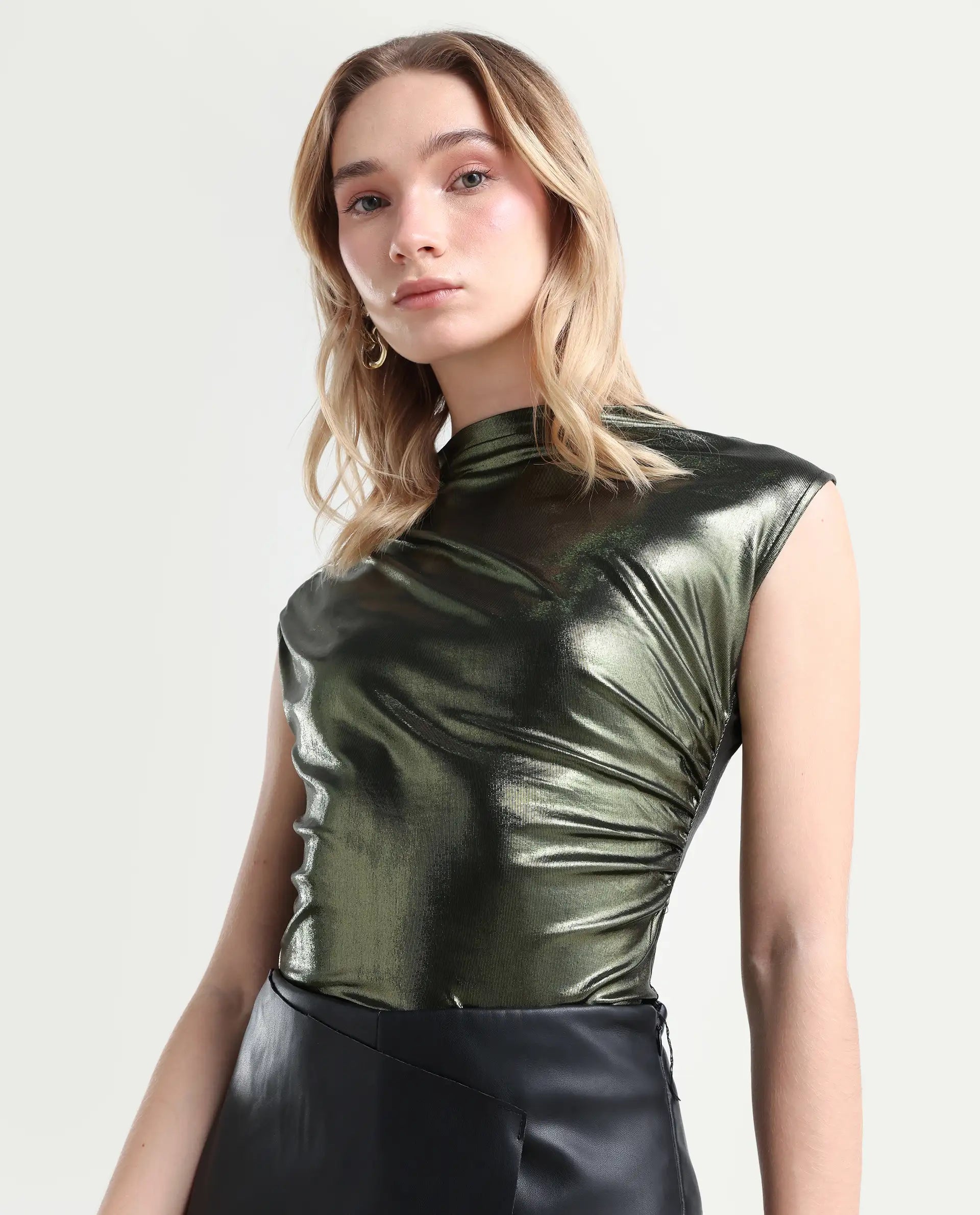 Rareism Women's Tangui Metallic Green Polyester High Neck Plain Sleeveless Regular Fitted Top