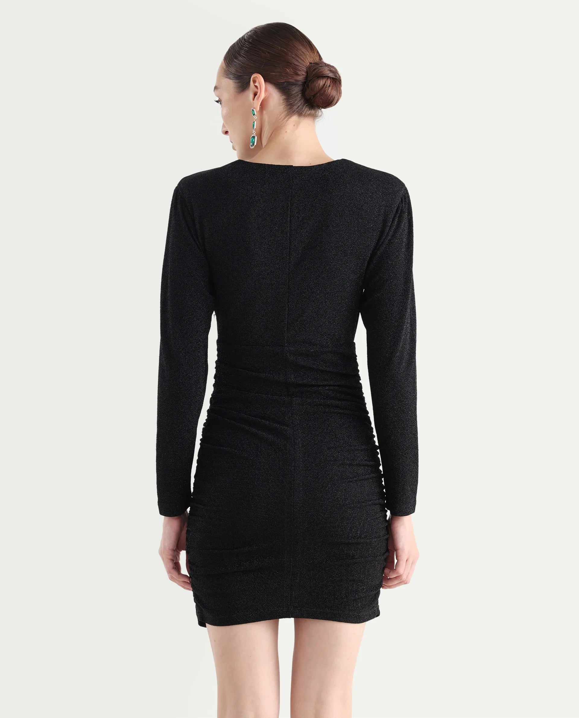 Rareism Women's Amasya Black Polyester V-Neck Plain Knee Length Fitted Dress