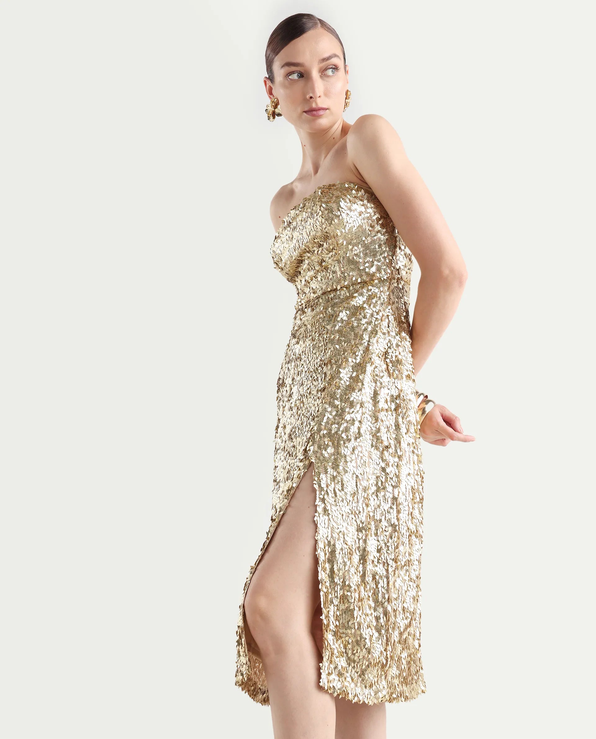 Rareism Women's Ganvi Metallic Polyester Tube Neck Sequined Sleeveless Midi Fitted Dress