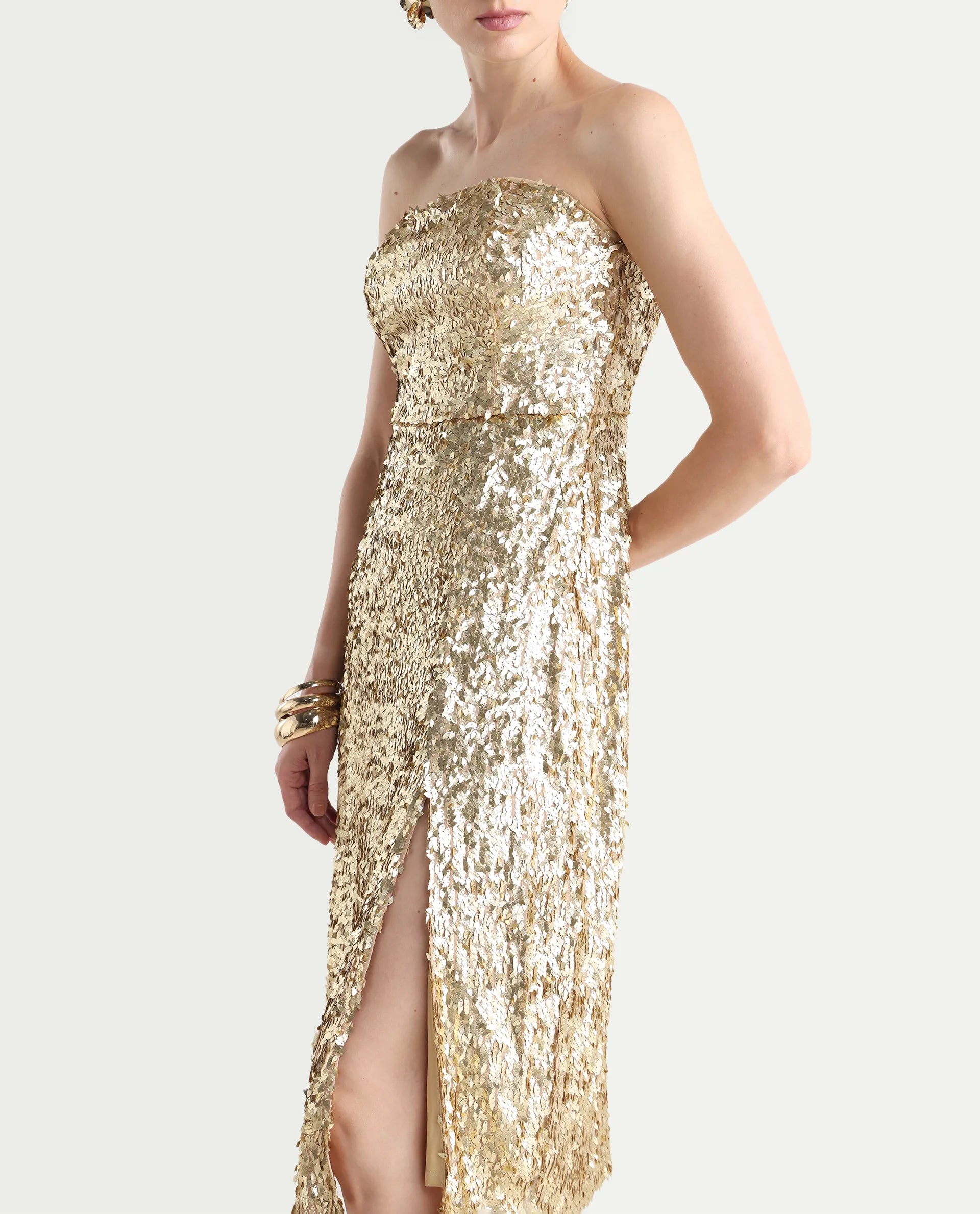 Rareism Women's Ganvi Metallic Polyester Tube Neck Sequined Sleeveless Midi Fitted Dress