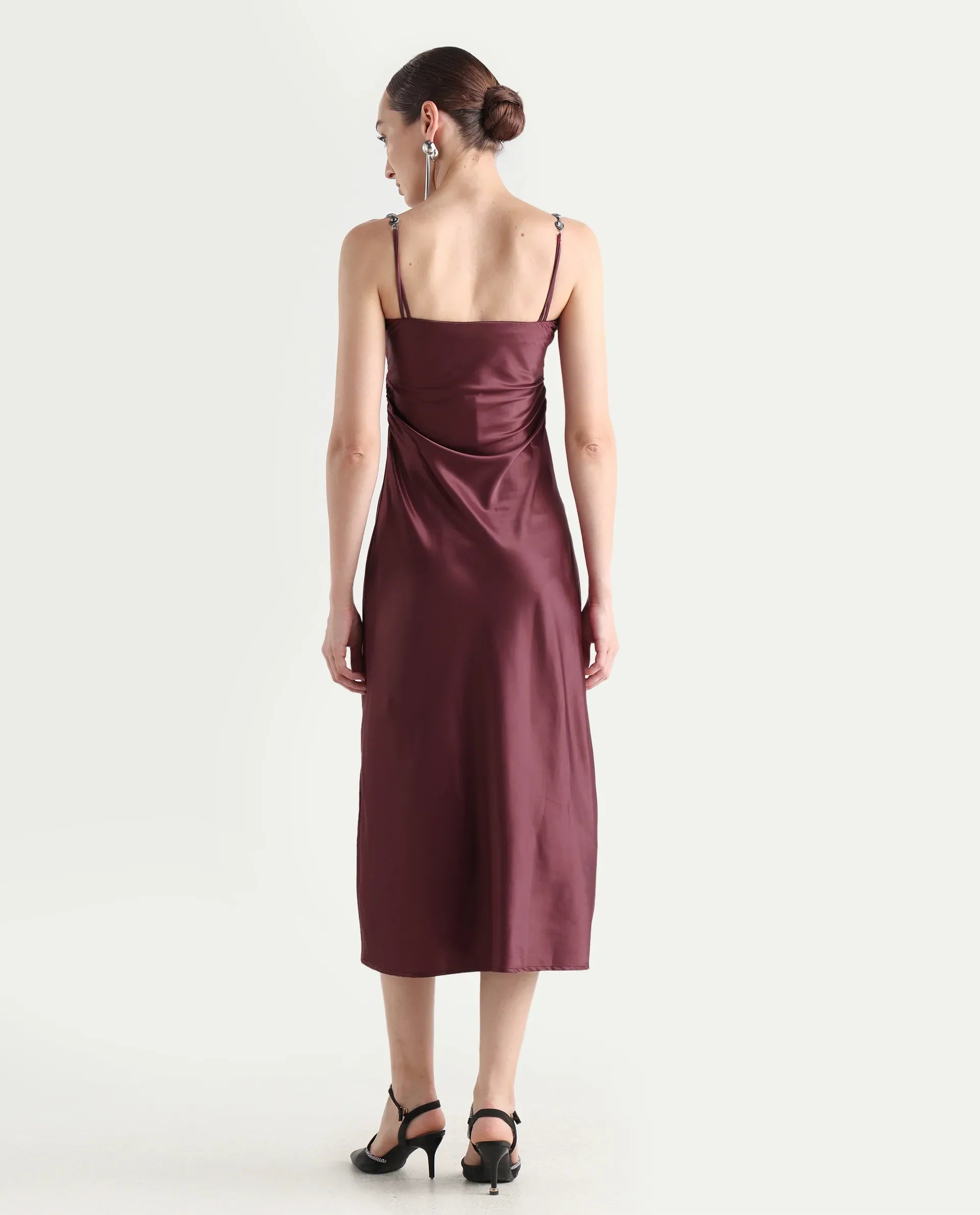Rareism Women's Roala Maroon Satin Shoulder Strap Plain Sleeveless Maxi Fitted Dress