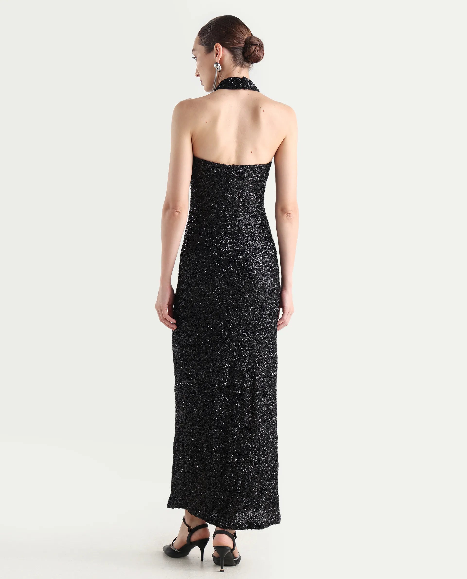 Rareism Women's Ardhan Metallic Black Sequined Halter Neck Plain Sleeveless Maxi Fitted Dress
