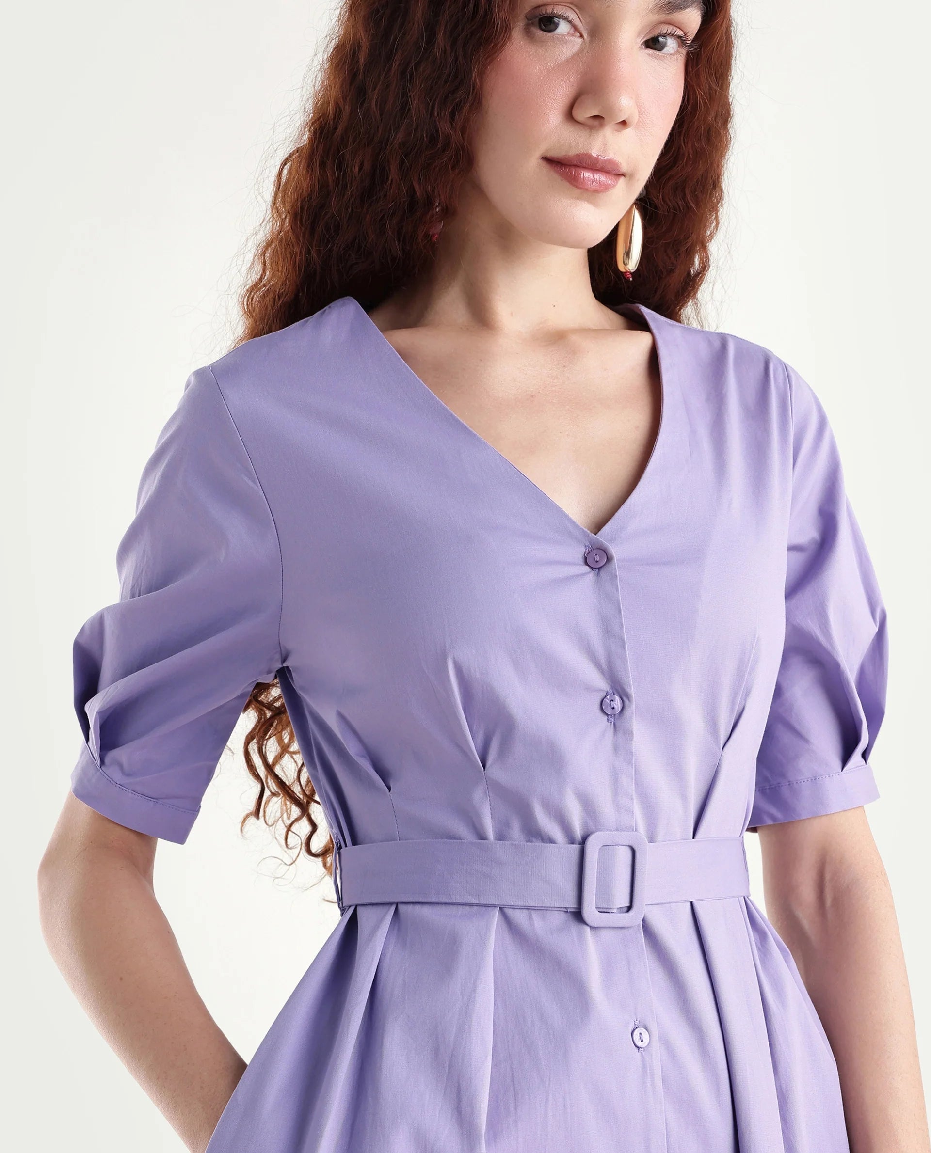 Rareism Women's Beew Dusky Purple Cotton Blend V-Neck Plain Bishop Sleeve Mini Fit And Flare Dress