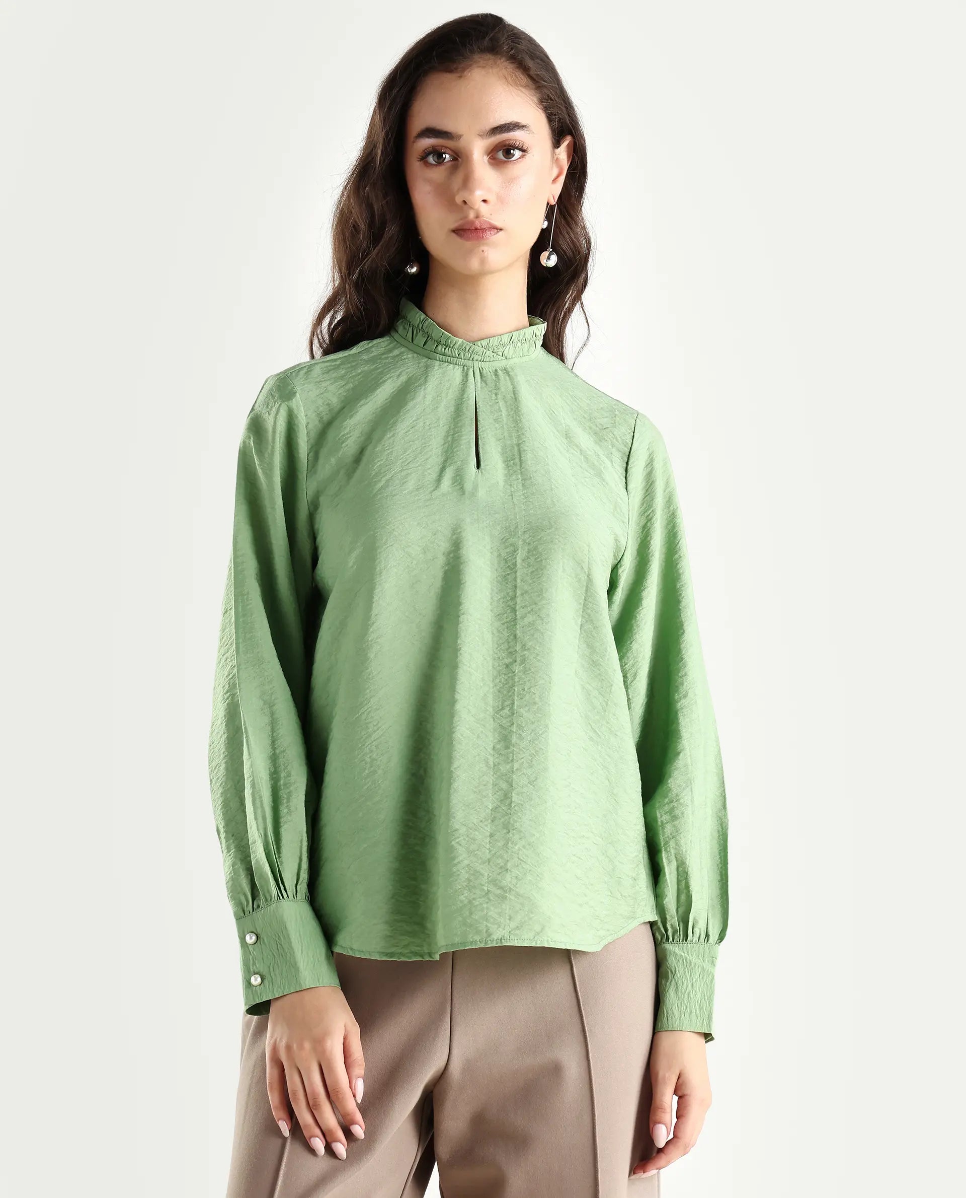 Rareism Women's Charen Light Green Nylon Blend Halter Neck Plain Bishop Sleeve Relaxed Fit Top