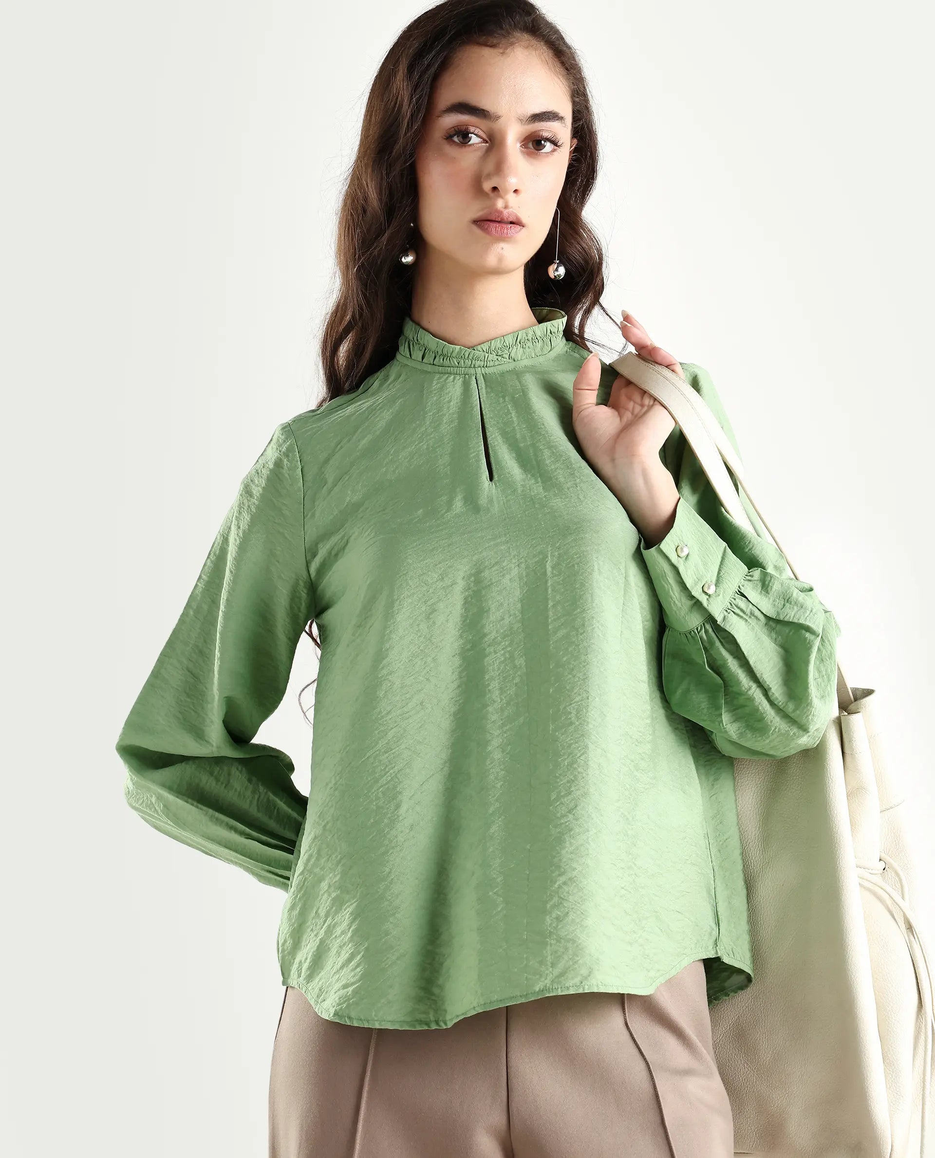 Rareism Women's Charen Light Green Nylon Blend Halter Neck Plain Bishop Sleeve Relaxed Fit Top