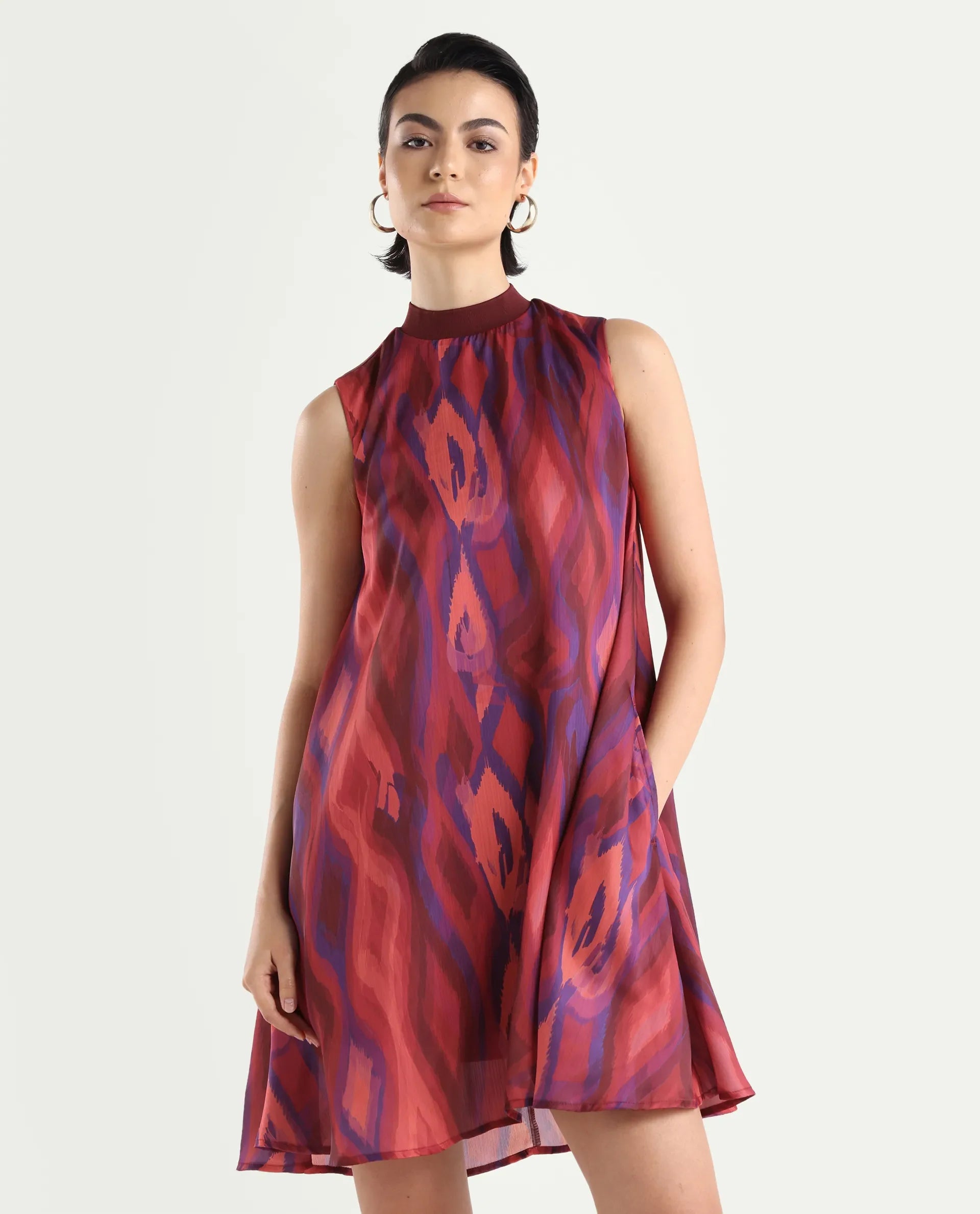 Rareism Women's Yaden Multi Satin Turtle Neck Abstract Print Sleeveless Knee Length Flared Dress