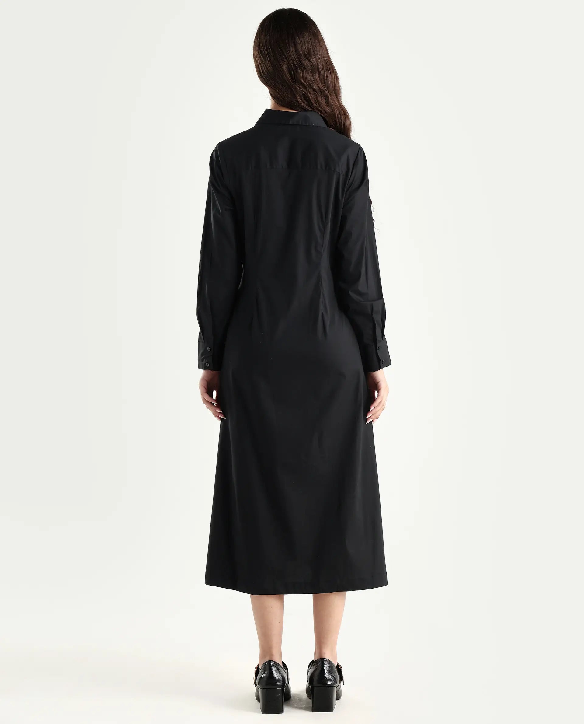 Rareism Women's Libz Black Cotton Blend Drop Collar Plain Cuffed Sleeve Midi Fit And Flare Dress
