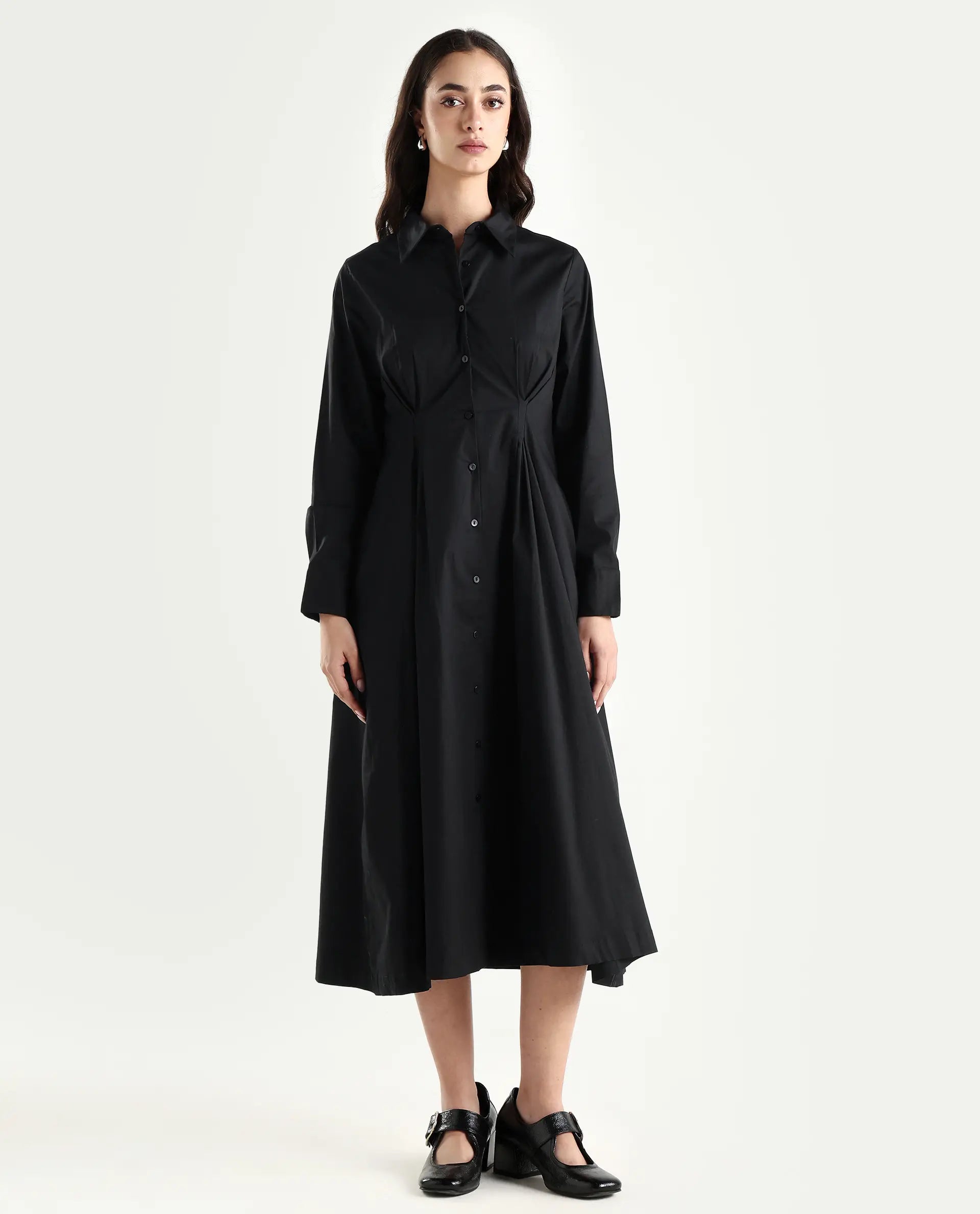 Rareism Women's Libz Black Cotton Blend Drop Collar Plain Cuffed Sleeve Midi Fit And Flare Dress