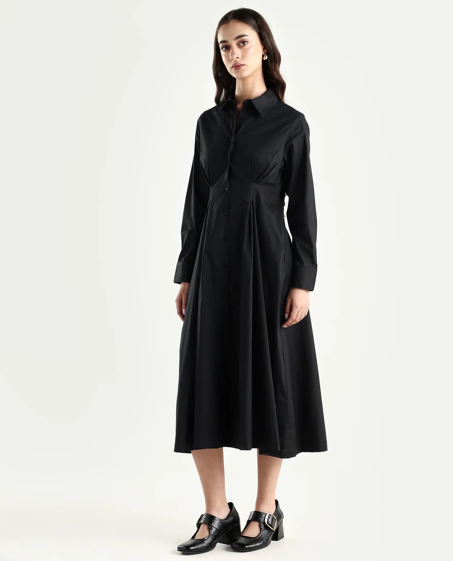 Rareism Women's Libz Black Cotton Blend Drop Collar Plain Cuffed Sleeve Midi Fit And Flare Dress