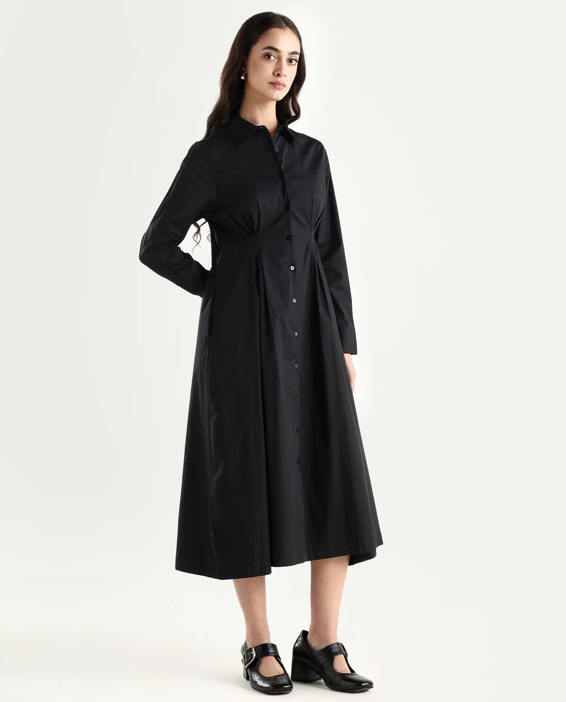 Rareism Women's Libz Black Cotton Blend Drop Collar Plain Cuffed Sleeve Midi Fit And Flare Dress