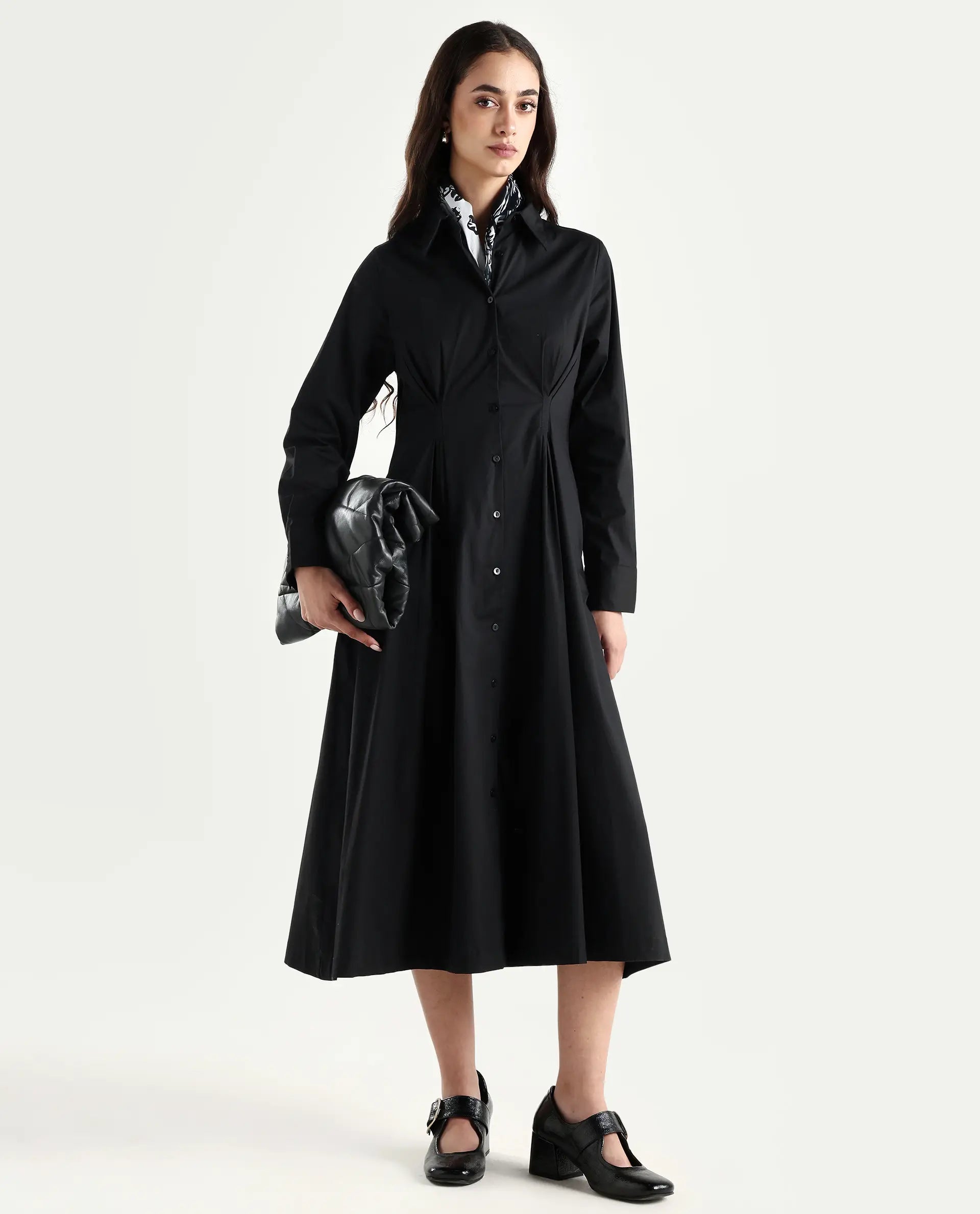 Rareism Women's Libz Black Cotton Blend Drop Collar Plain Cuffed Sleeve Midi Fit And Flare Dress